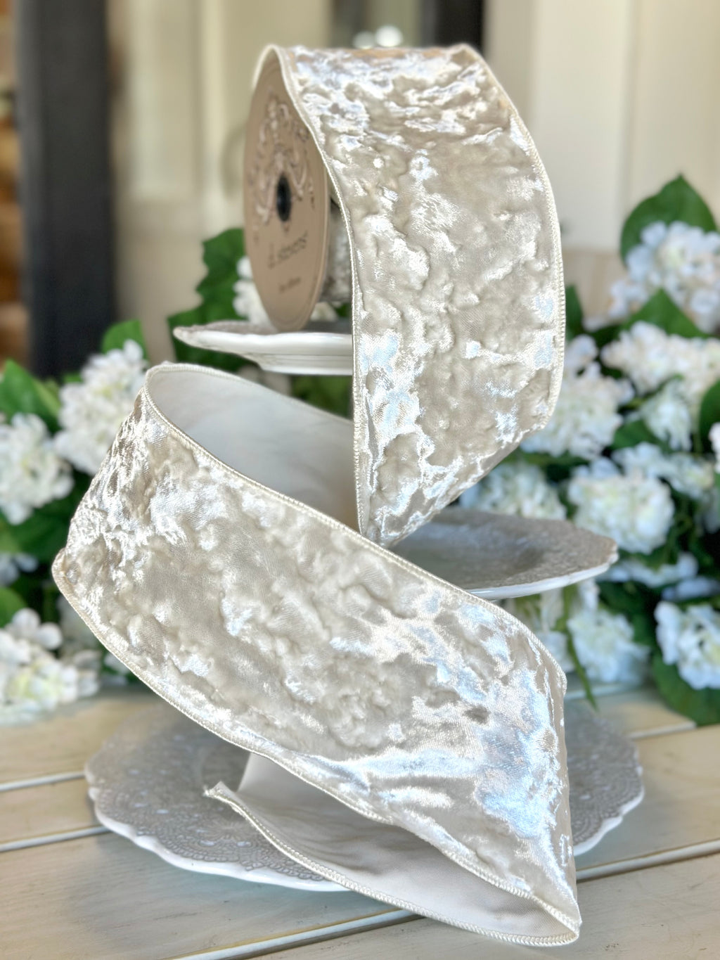 4" Wide, crushed velvet, ivory