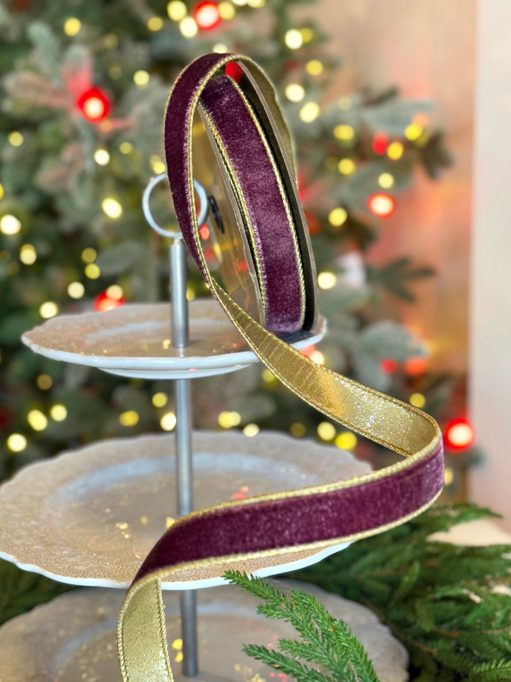 1" wide, lush velvet metallic gold back, boysenberry