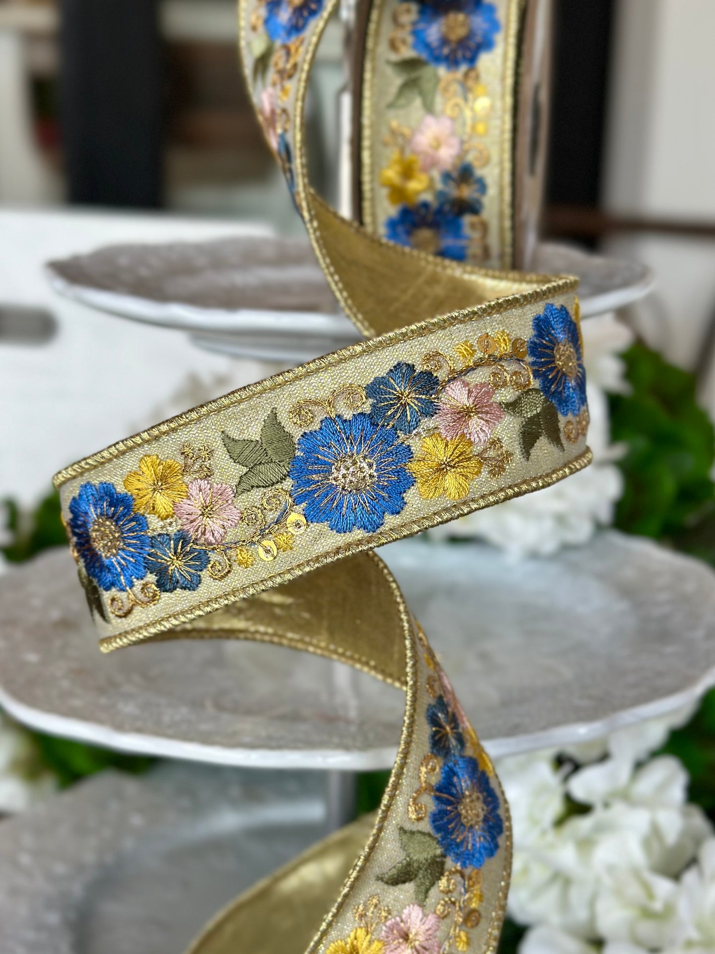 1.5" wide, metallic dupion blue pink yellow embroidery flowers, dusty blue
