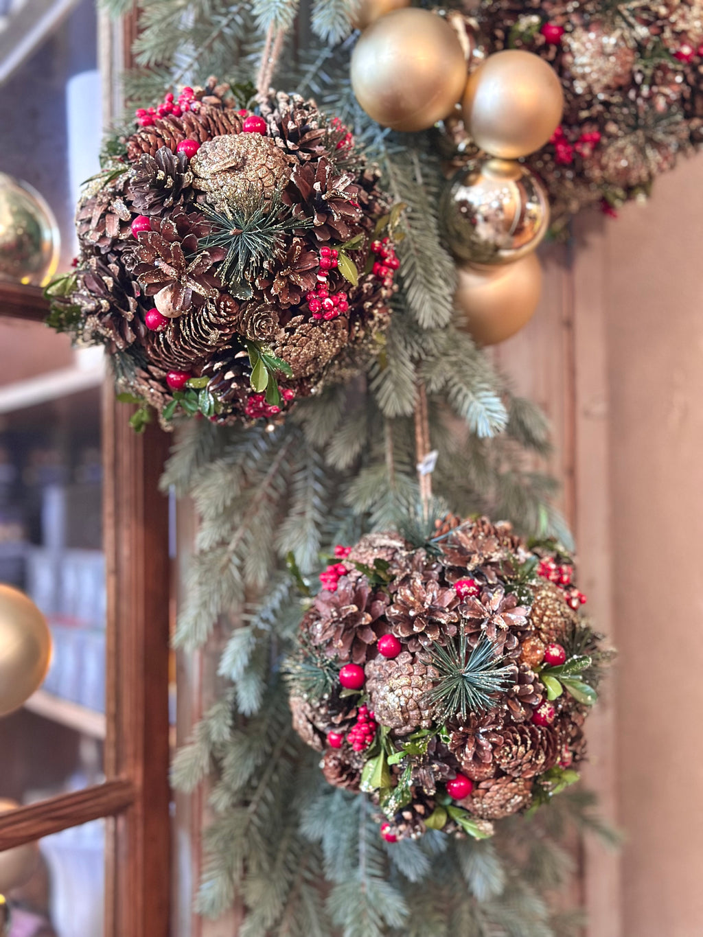 7.5" Red Berries & Gold Glitter Cone Ball