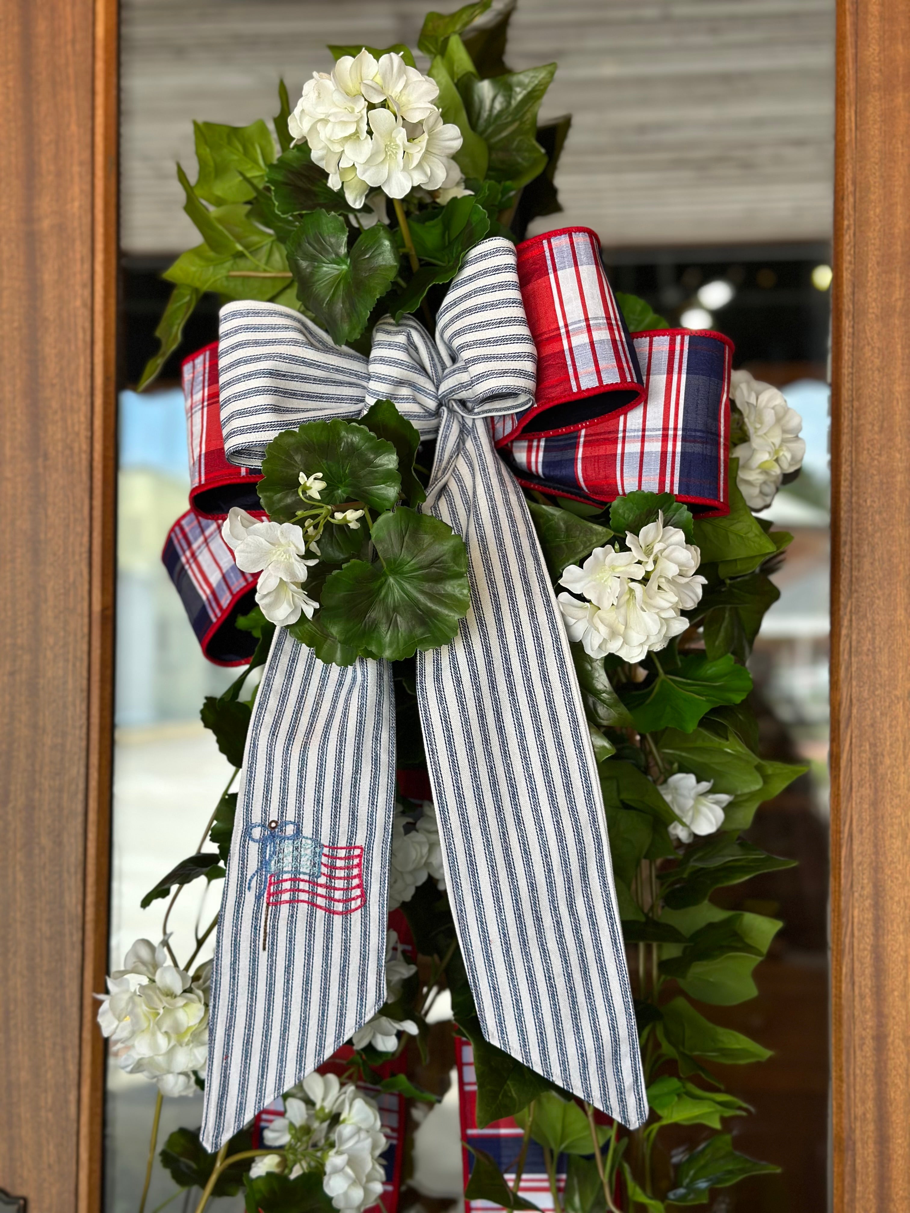 UV-Protected White Geranium and Ivy Swag with Embroidered American Flag Sash