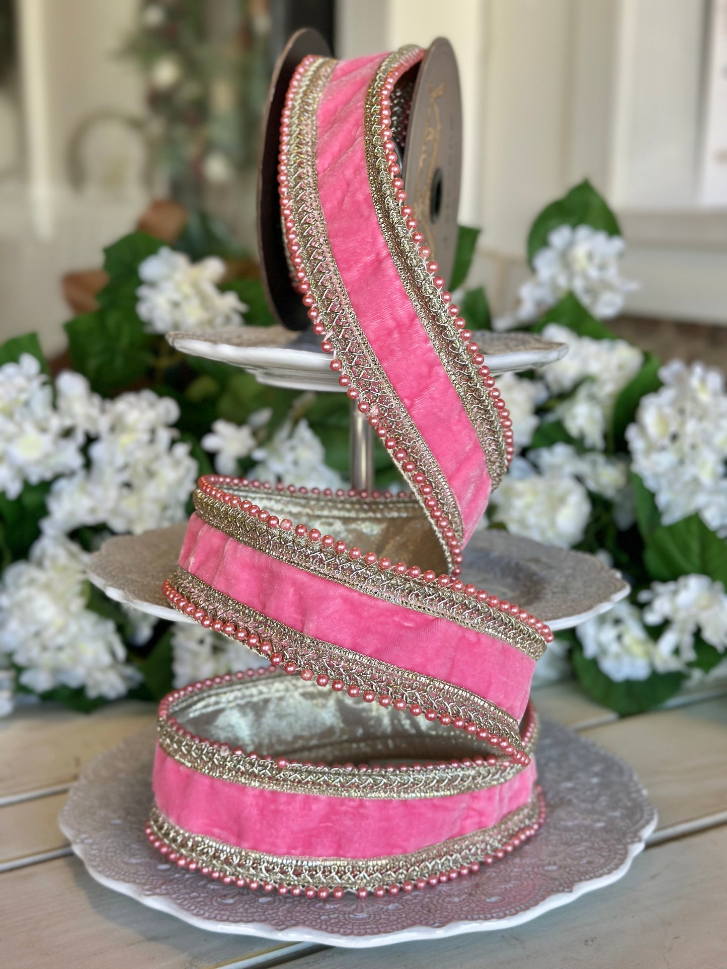 2.5" Wide, velvet pink pearl side trim, pink lemonade.