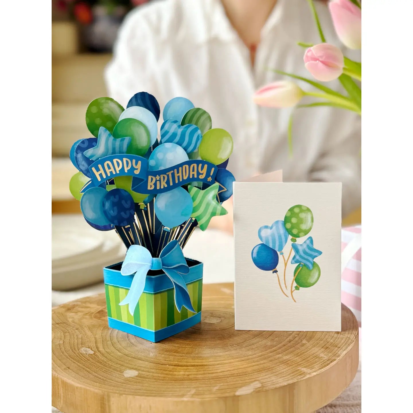 FreshCut Paper Mini Pop-up Greeting Card Blue Birthday Balloons