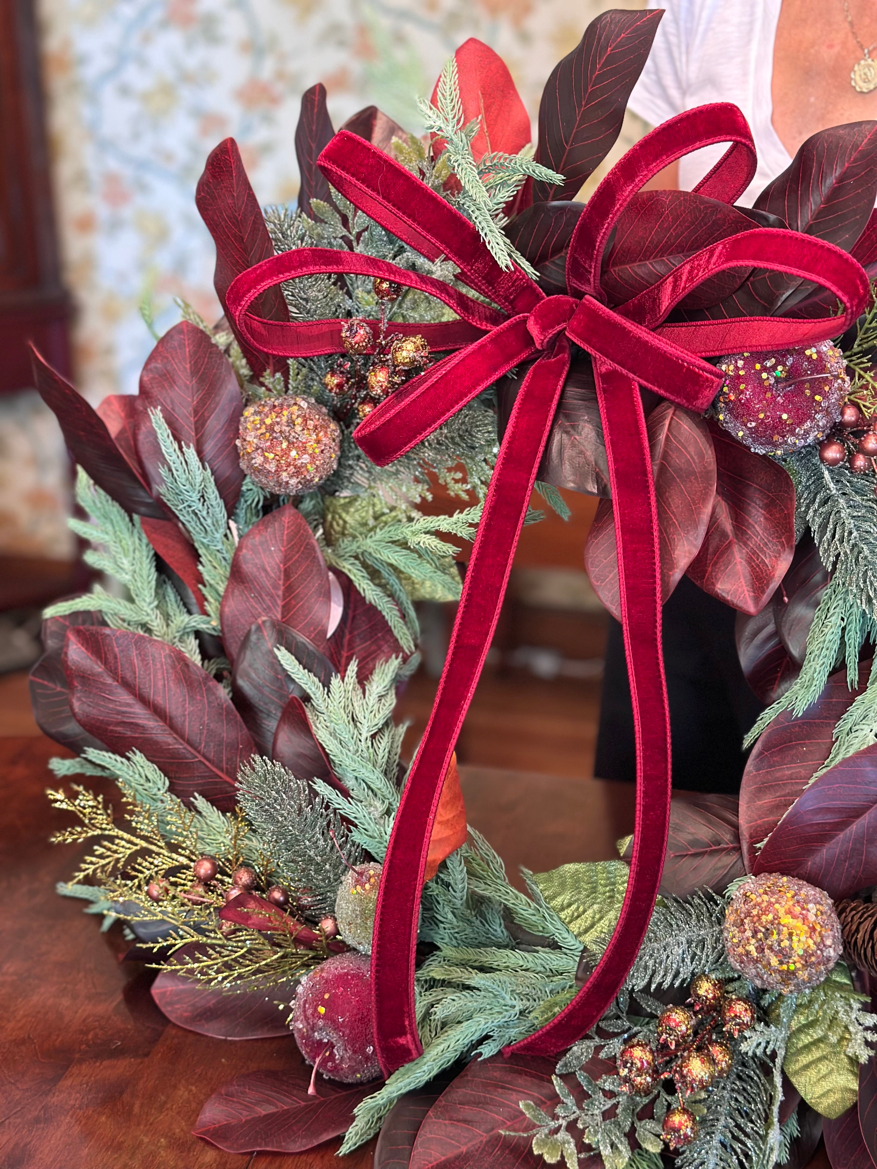 Burgundy Magnolia Norfolk Pine Wreath