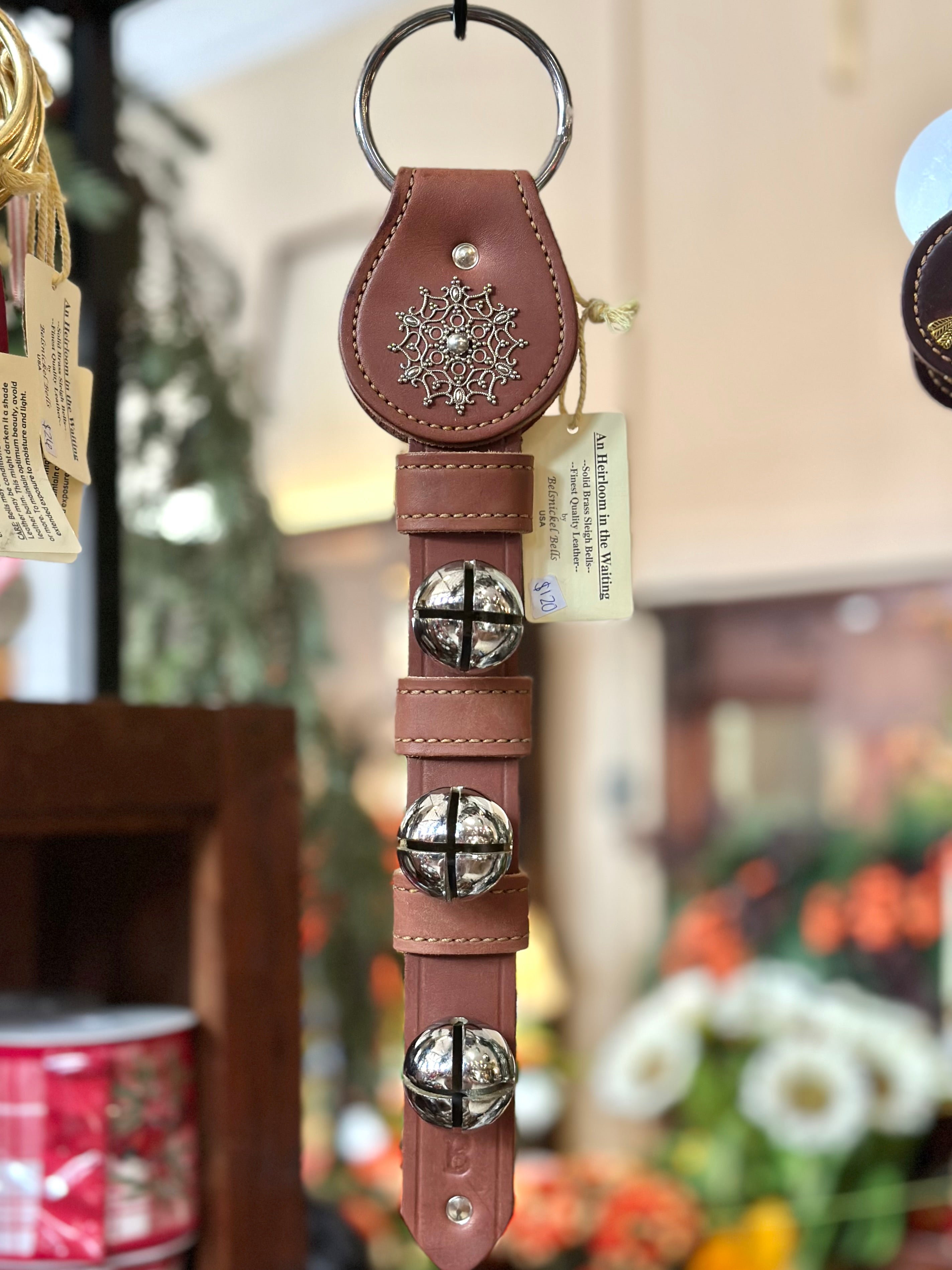 Silver Snowflake with 3 Silver Bells on Ring- Brown Leather