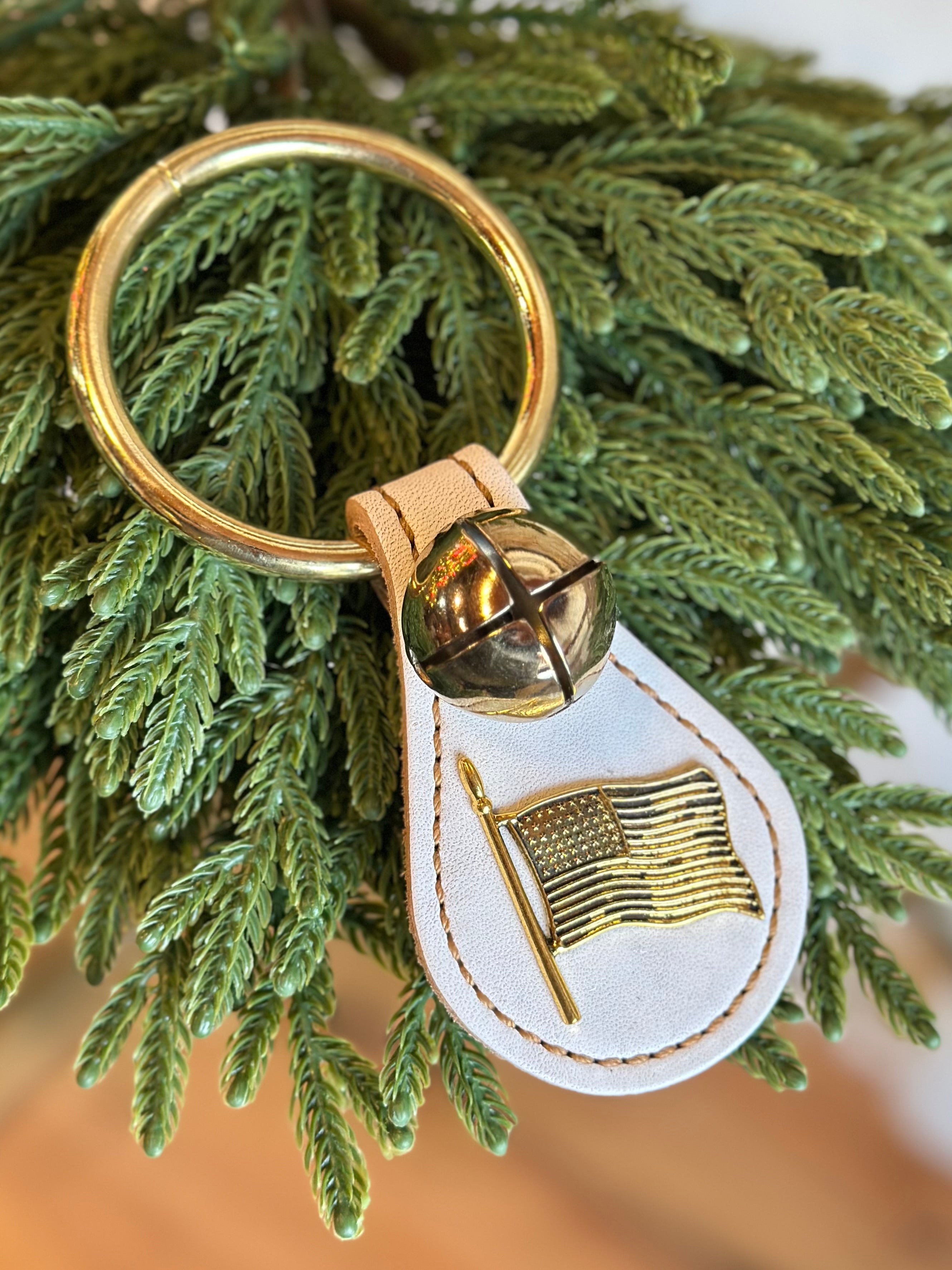 Flag with Single Brass Bell on Ring- White Leather