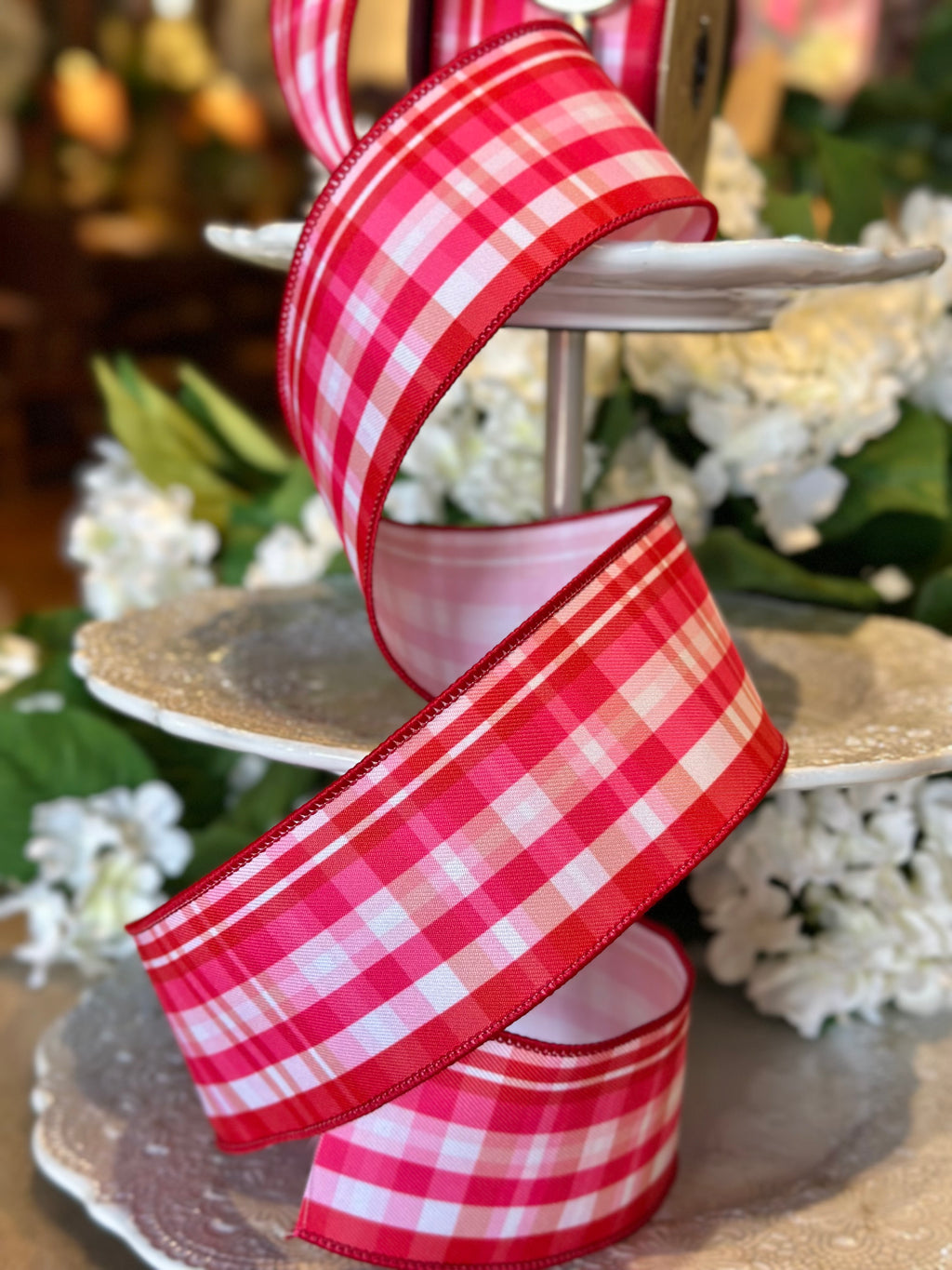 2.5" Wide, linen cupid plaid, red pink white