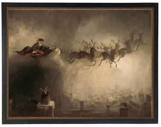 Vintage Oil Reproduction of Santa and Sleigh