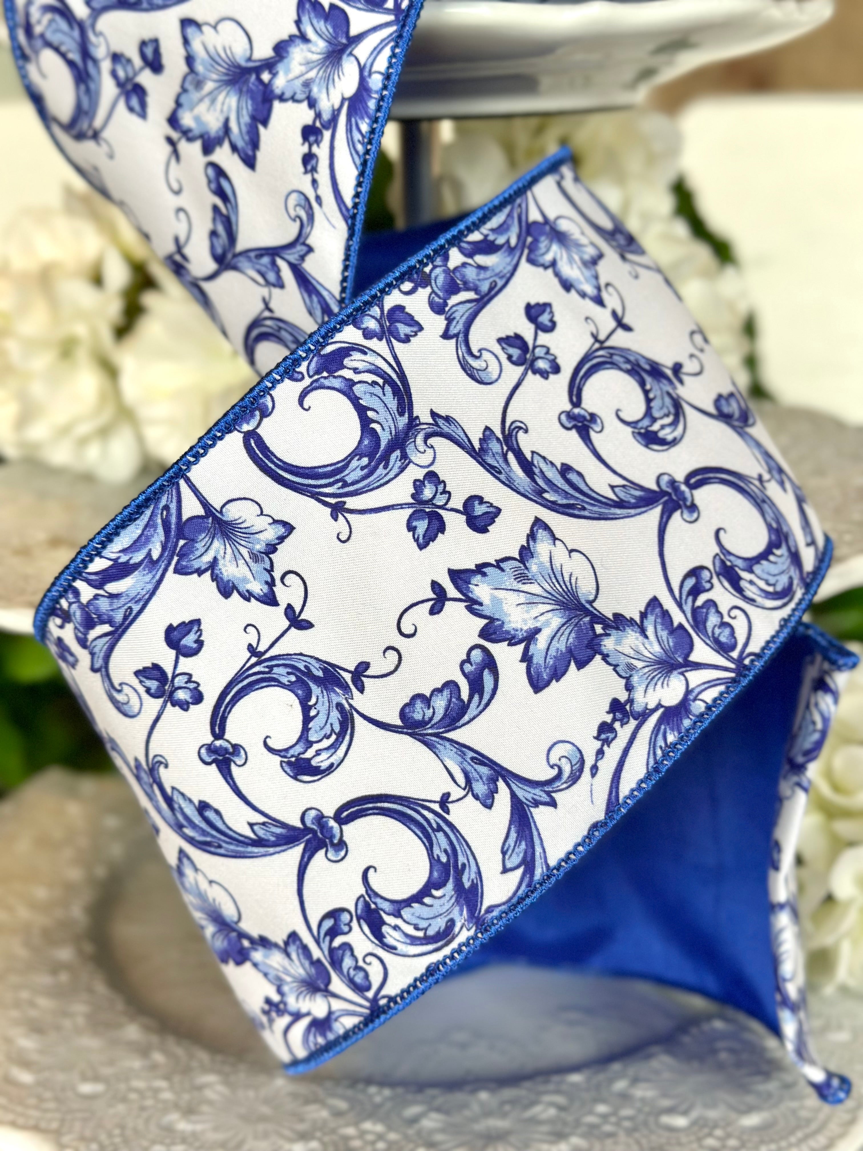 4" wide, taffeta acanthus scroll chinoiserie, blue white
