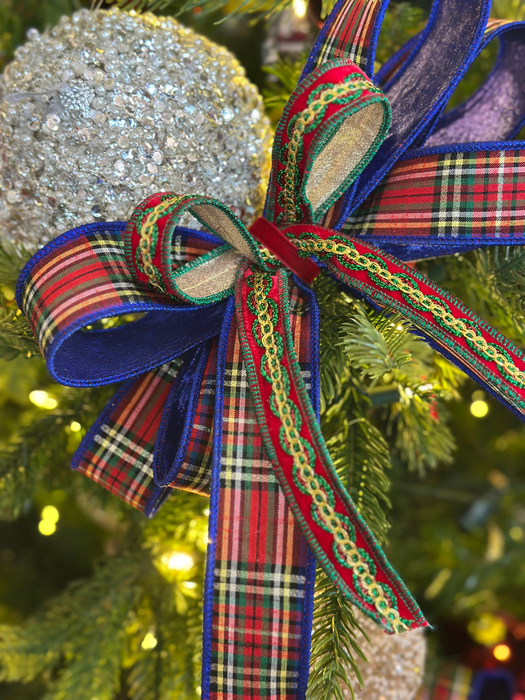 Plaid Blue/Gold Accent Tree Bow