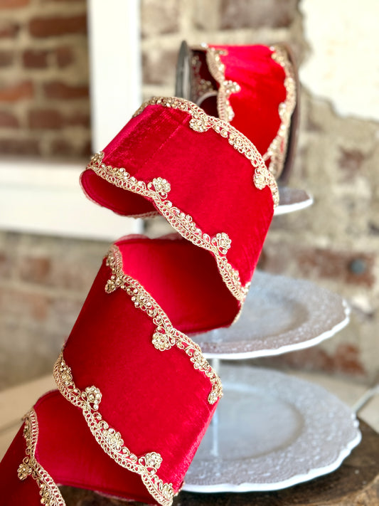 4” Red Scalloped Velvet Ribbon