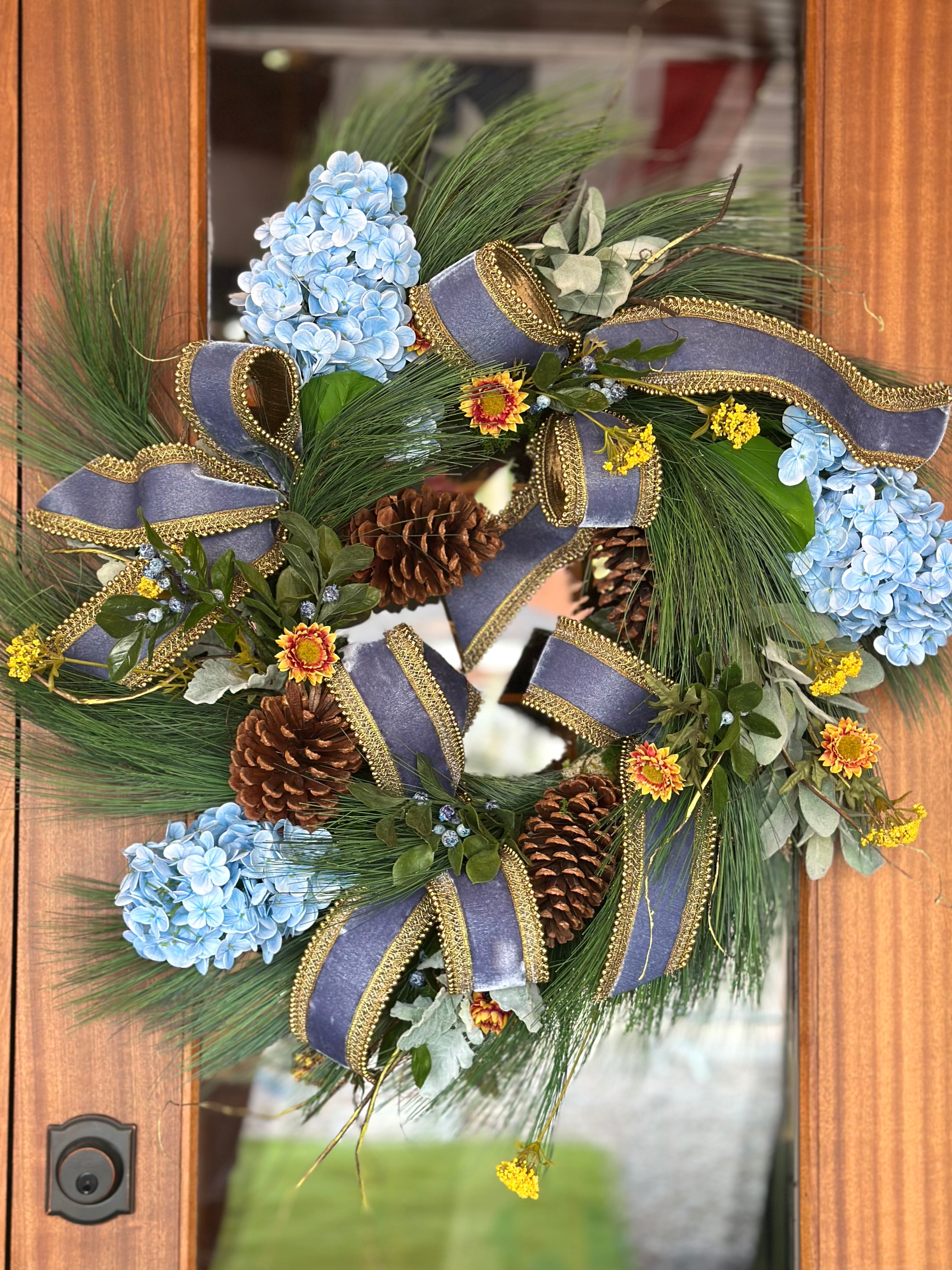 Blue Contessa and Pinecone Wreath