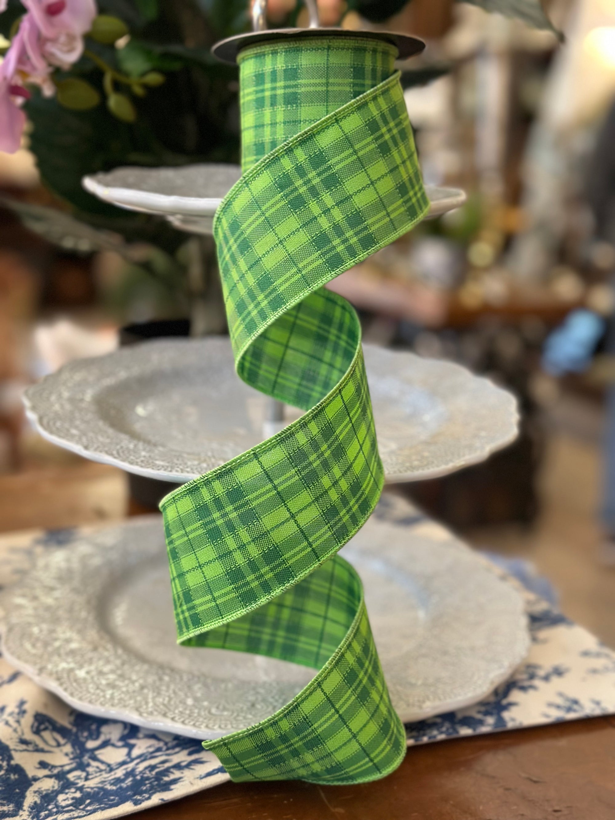 2.5"x10Y Green Plaid, faux linen Ribbon