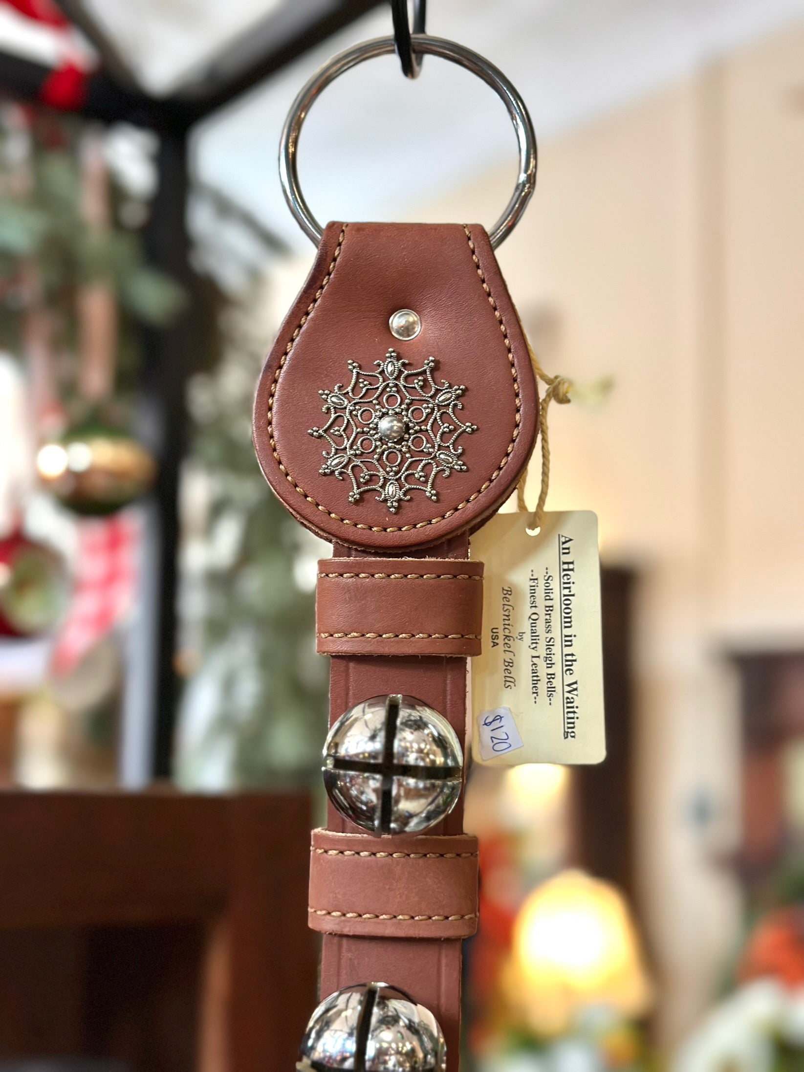 Silver Snowflake with 3 Silver Bells on Ring- Brown Leather