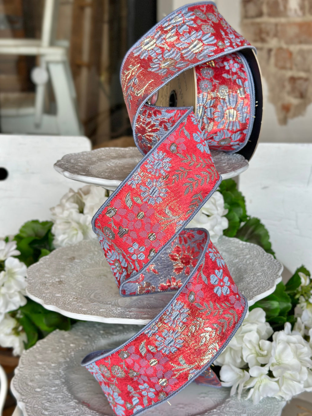 2.5" wide, metallic floral jacquard, red dusty blue gold