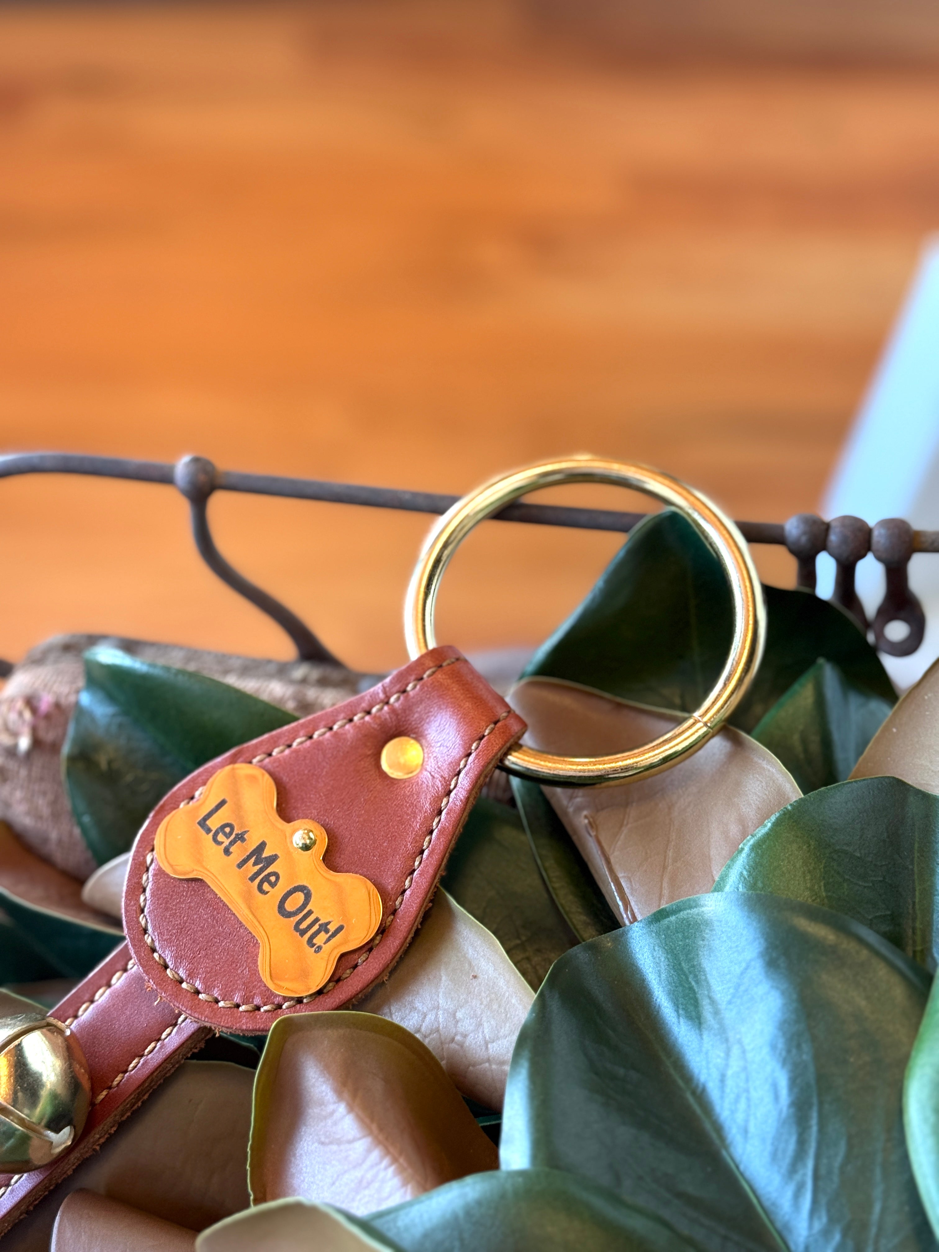 Belsnickel - 22” “Let Me Out!” Brass-Plated Bell Strap W/ Dog Bone Charm, Chestnut Leather