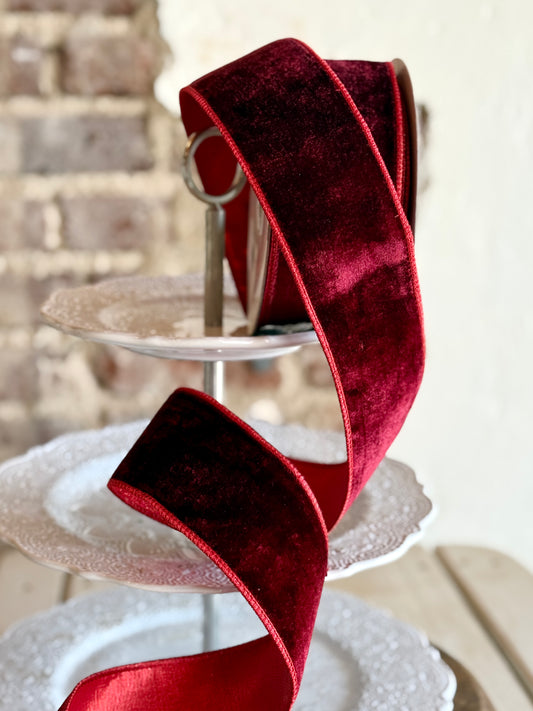 2.5" Sheldon Velvet Metallic Back Ribbon- BURG. SOLD BY THE YARD