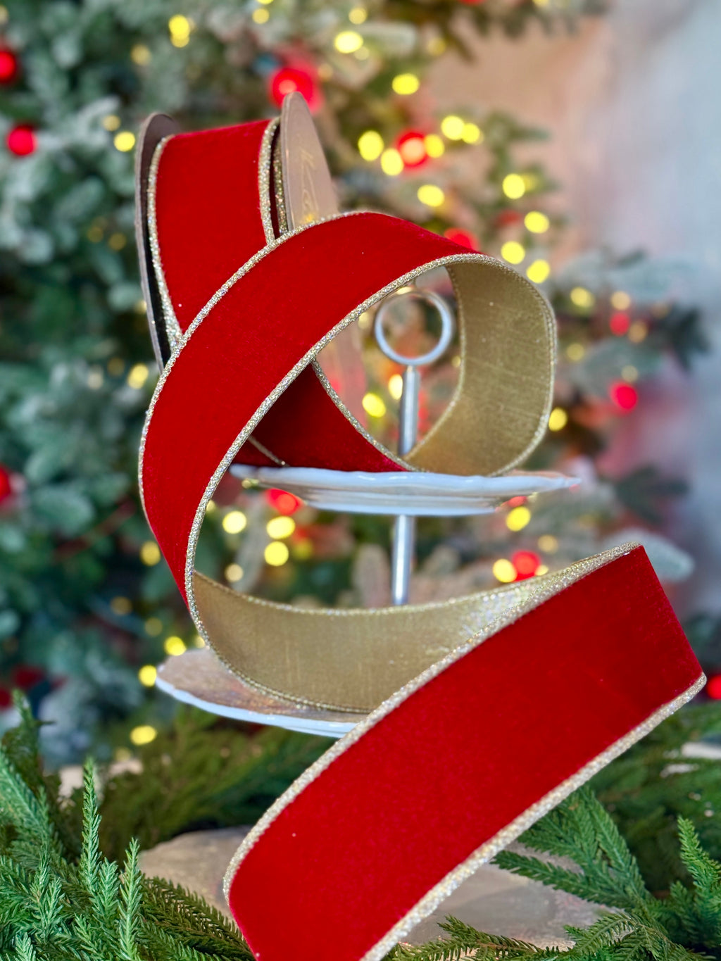 2.5" Velvet Glitter Gold Trim, Red