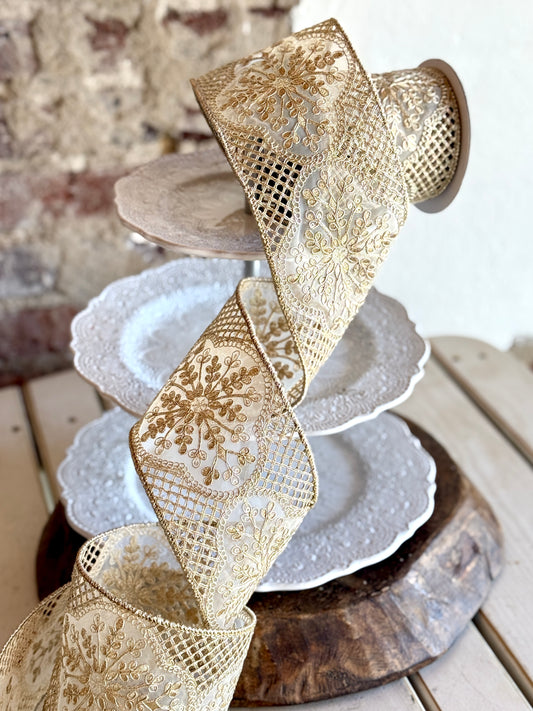 4” Champagne Antique Snowflake Ribbon