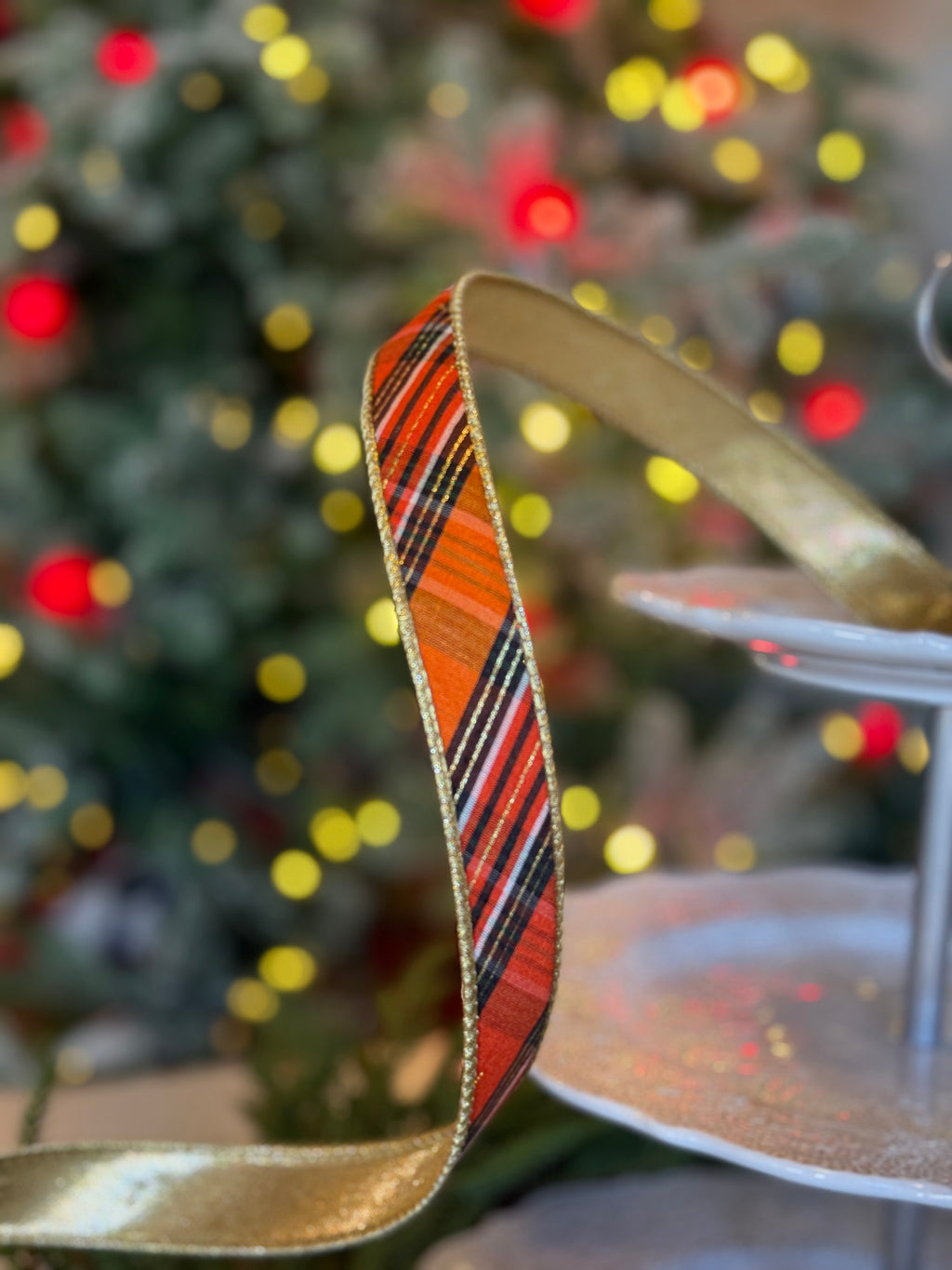 1" Dupion Salem Plaid Bias Cut, White Orange Black