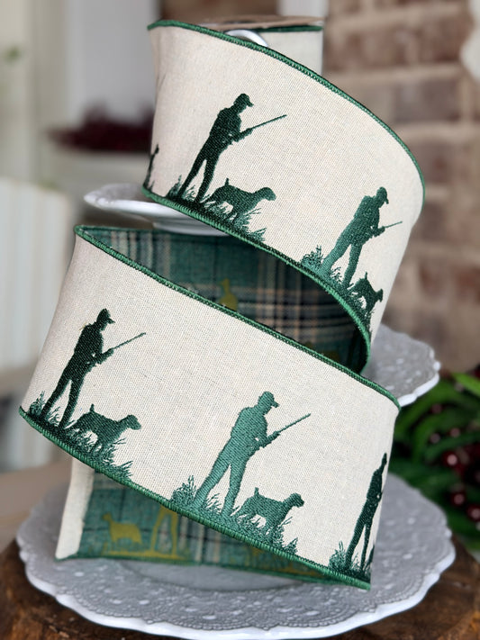 4” Linen with Green Embroidered Hunter and Dog