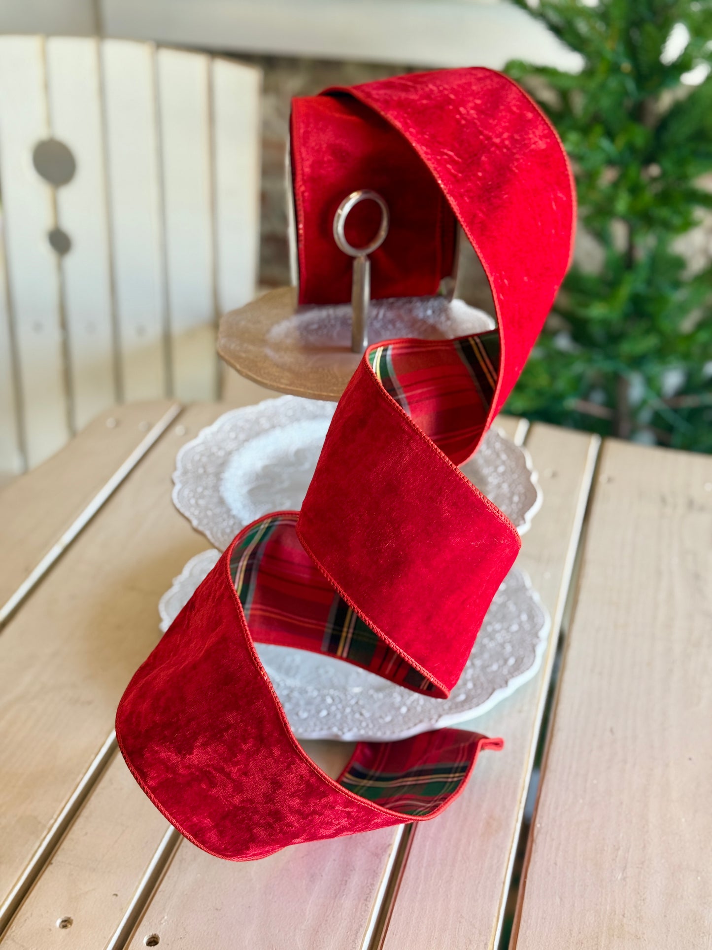 4” VELVET W/PLAID BACKING RIBBON -SOLD BY THE YARD