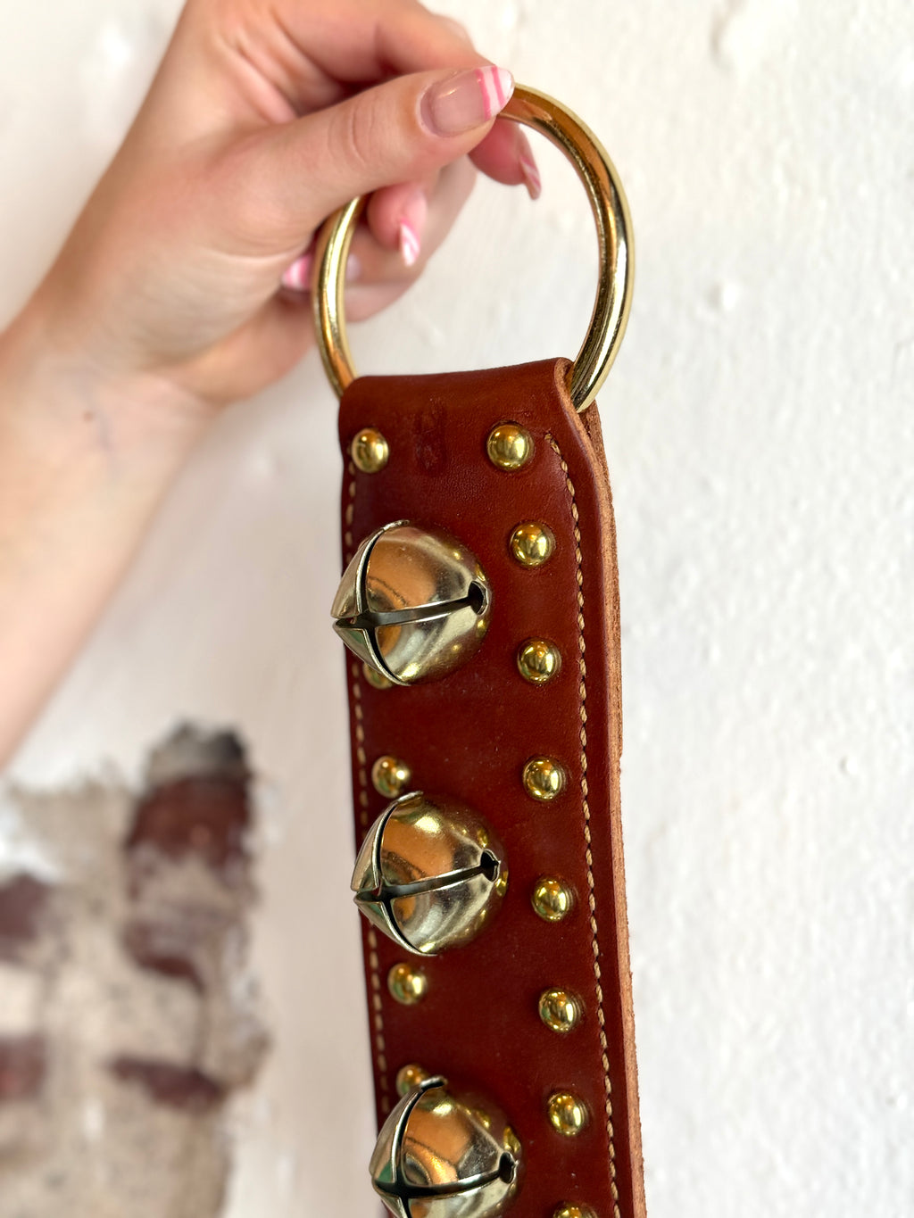 Belsnickel - 12” Studded Doorchime w/ Brass-Plated Bells, Chestnut Leather