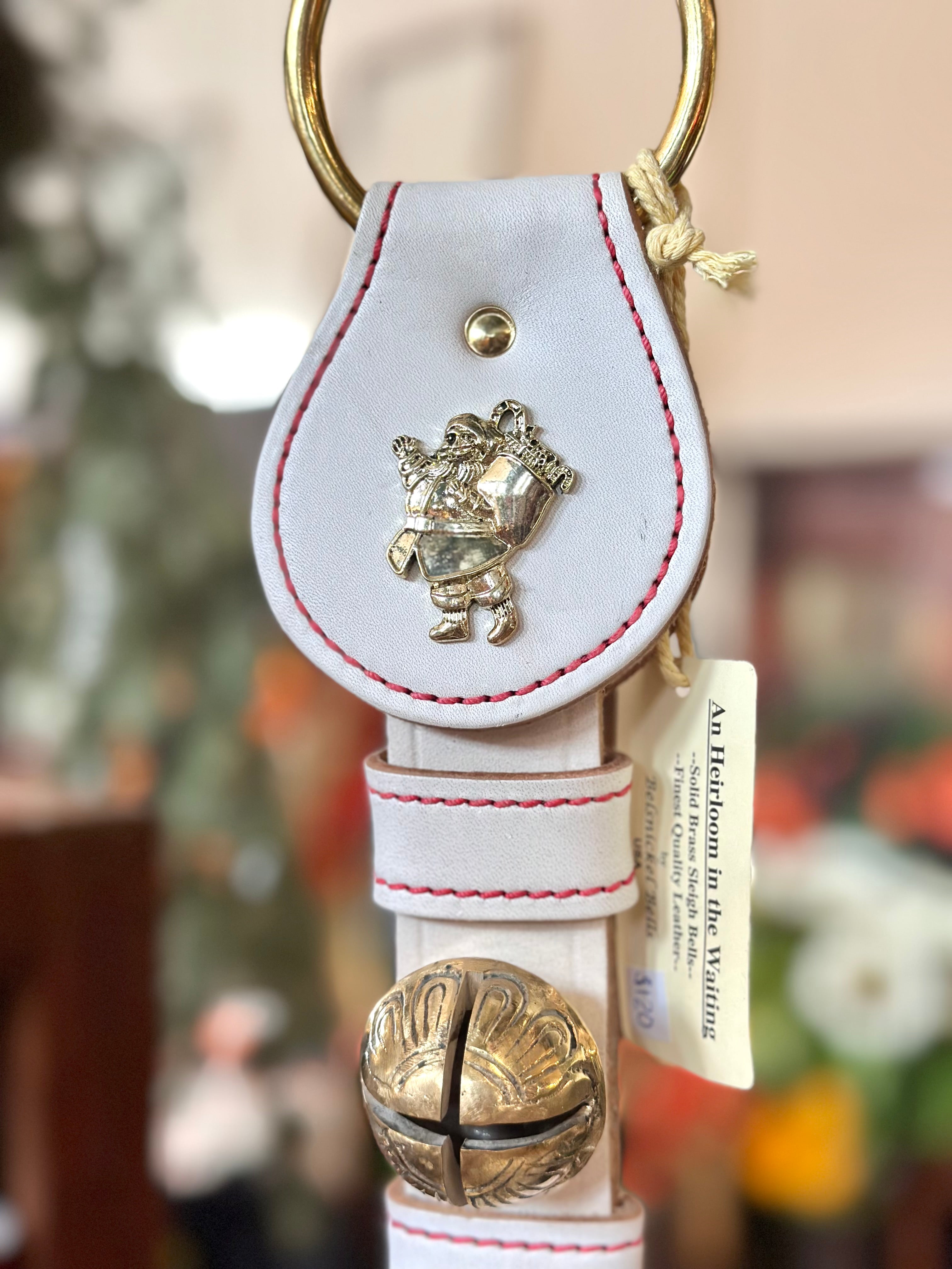 Santa Clause with 3 Brass Bells on Ring- White Leather