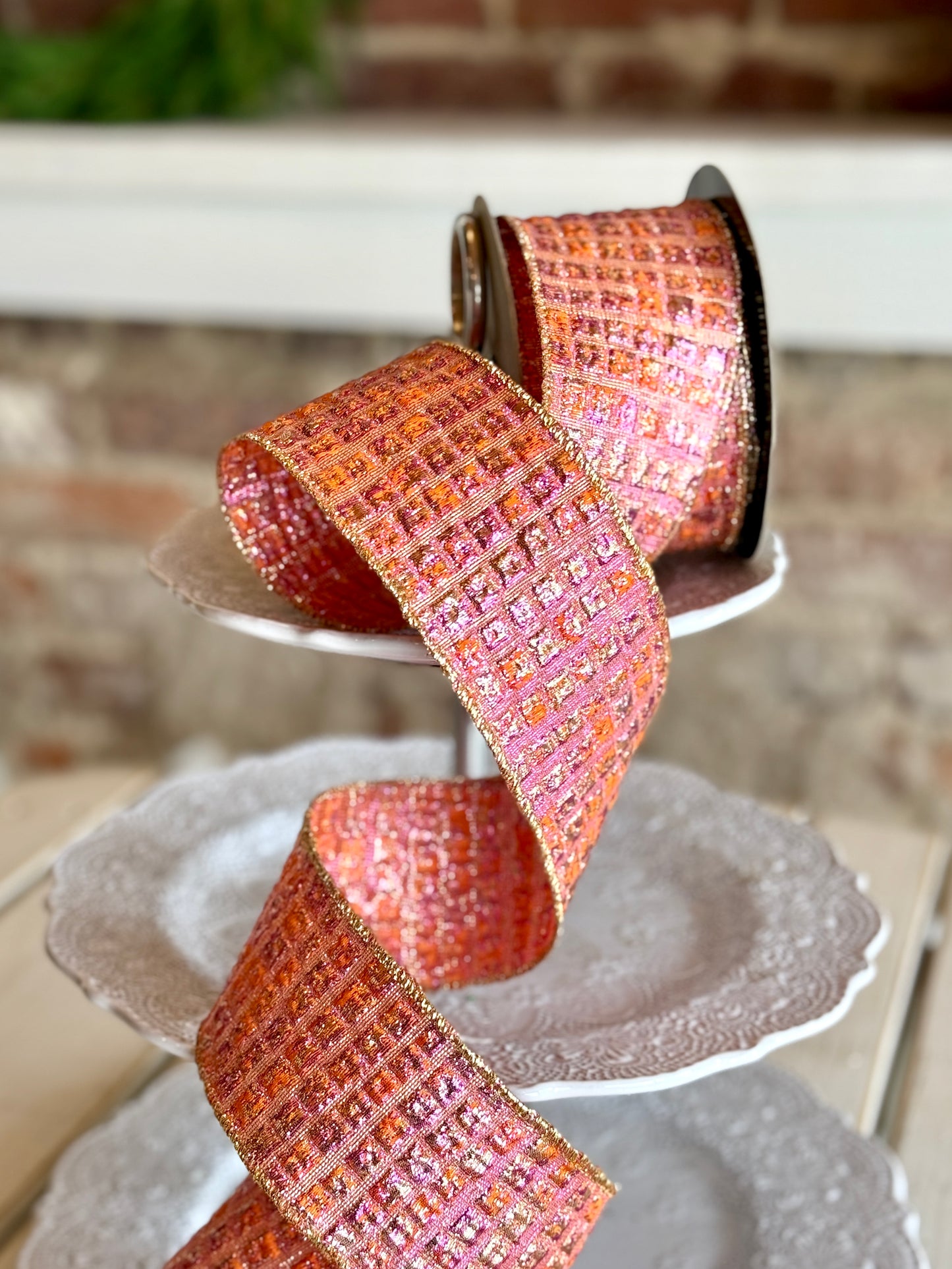 2.5" metallic jacquard squares, hot pink orange