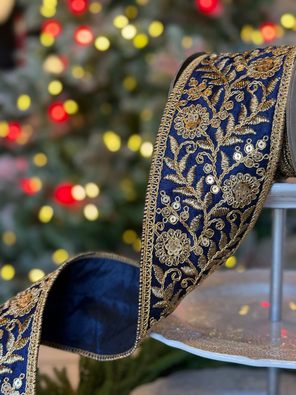 3" Dupion Floral Garden Trim, Navy