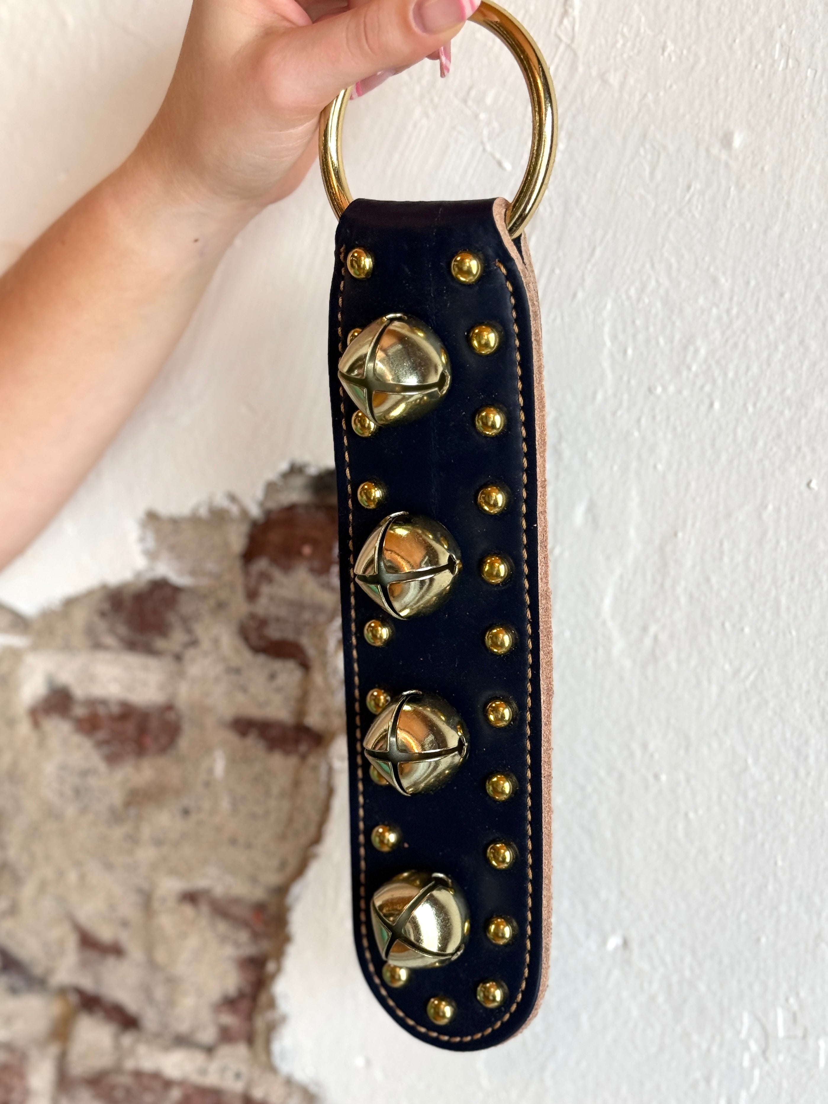 Belsnickel - 12” Studded Doorchime w/ Brass-Plated Bells, Navy Leather