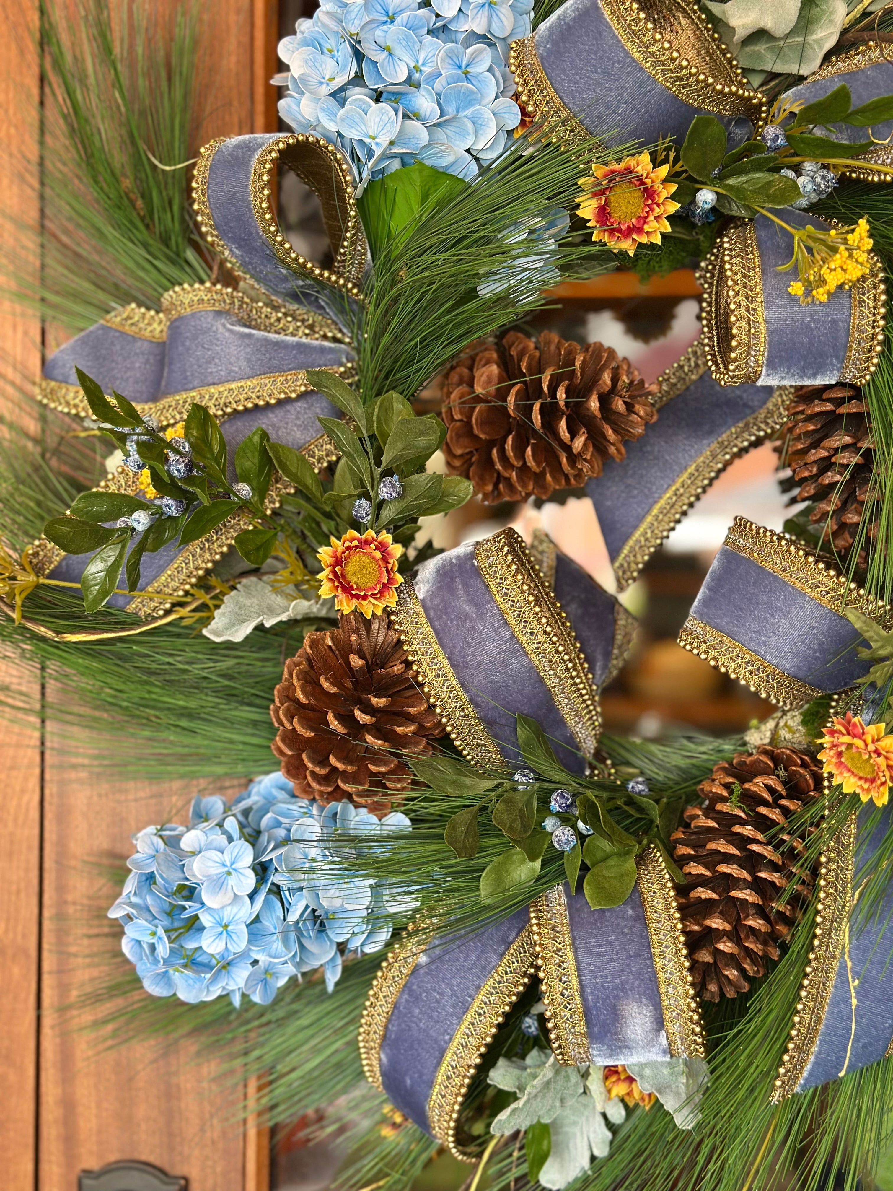 Blue Contessa and Pinecone Wreath