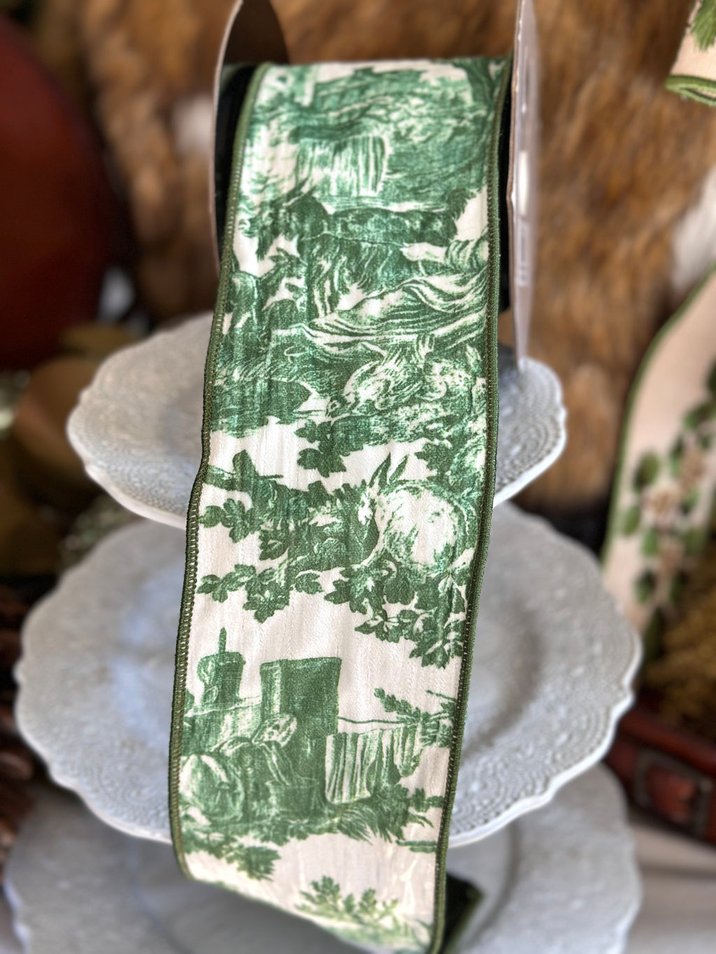 4"X10Y VELVET TOILE RIBBON- GREEN WHITE