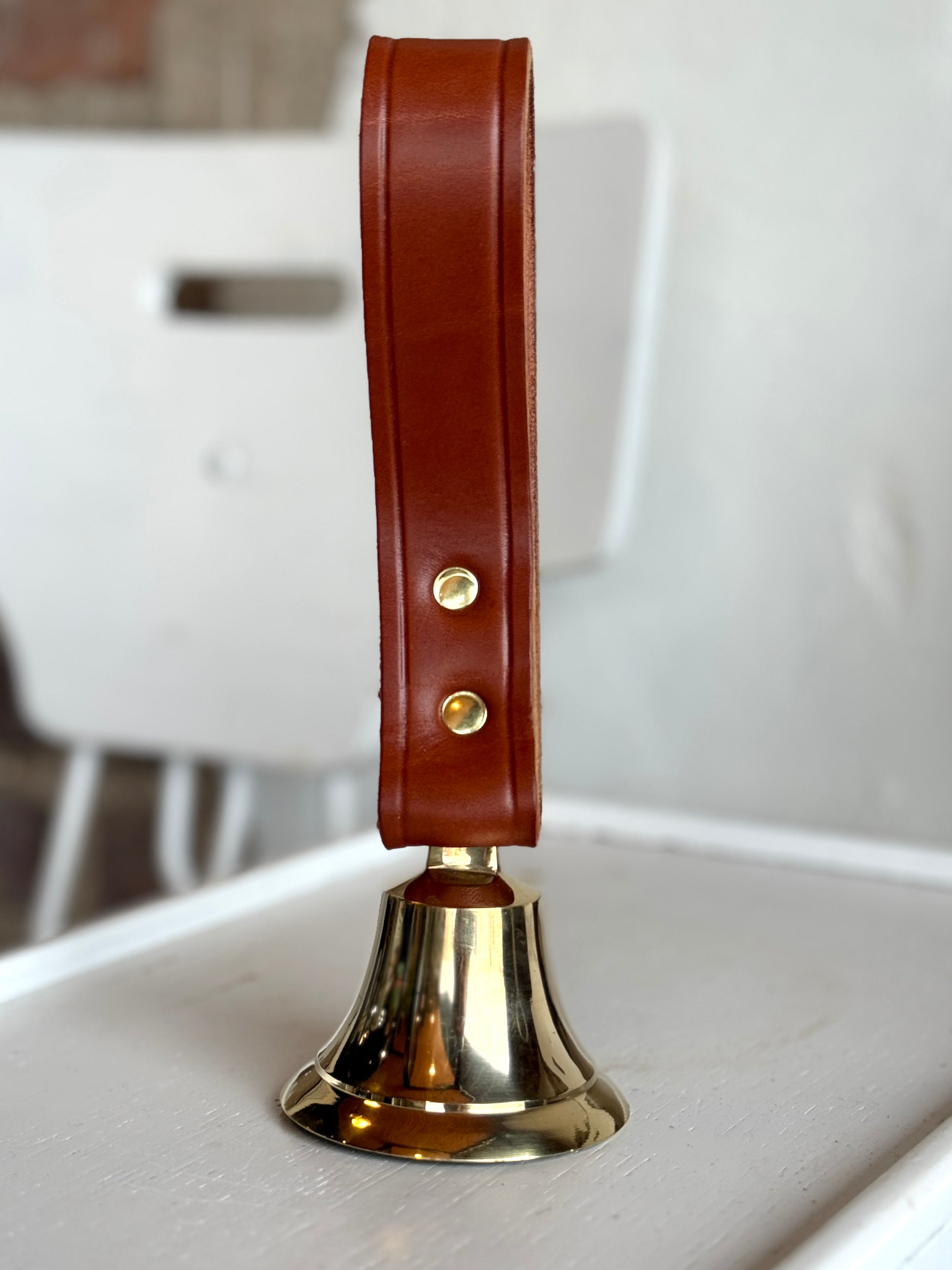 Belsnickel - Single Solid Brass Lancaster Bell on a Chestnut Leather Handle Strap