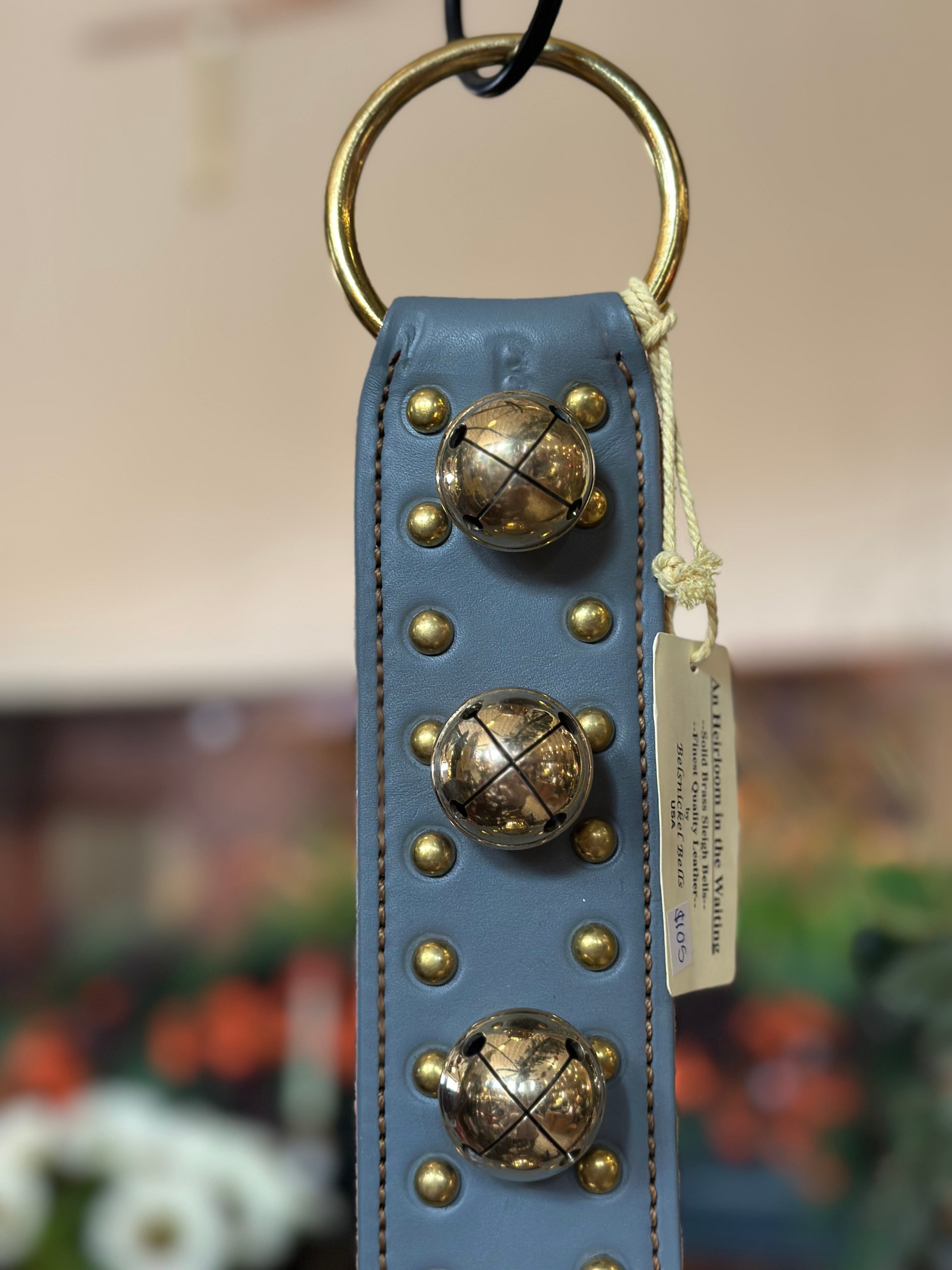 Dusty Blue Leather with Medium Brass Bells
