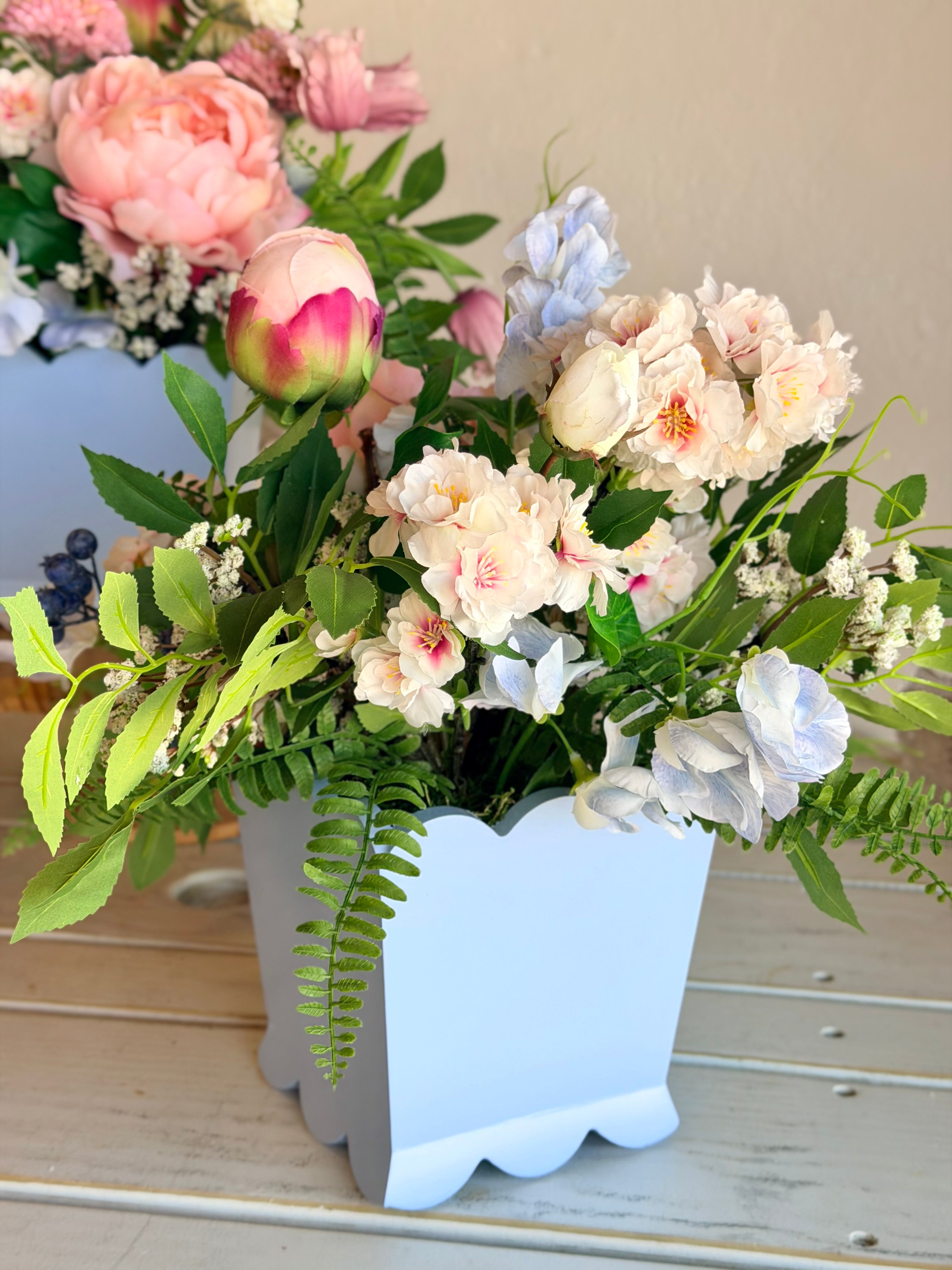 Blue Scalloped Mixed Blooms Arrangement- Medium