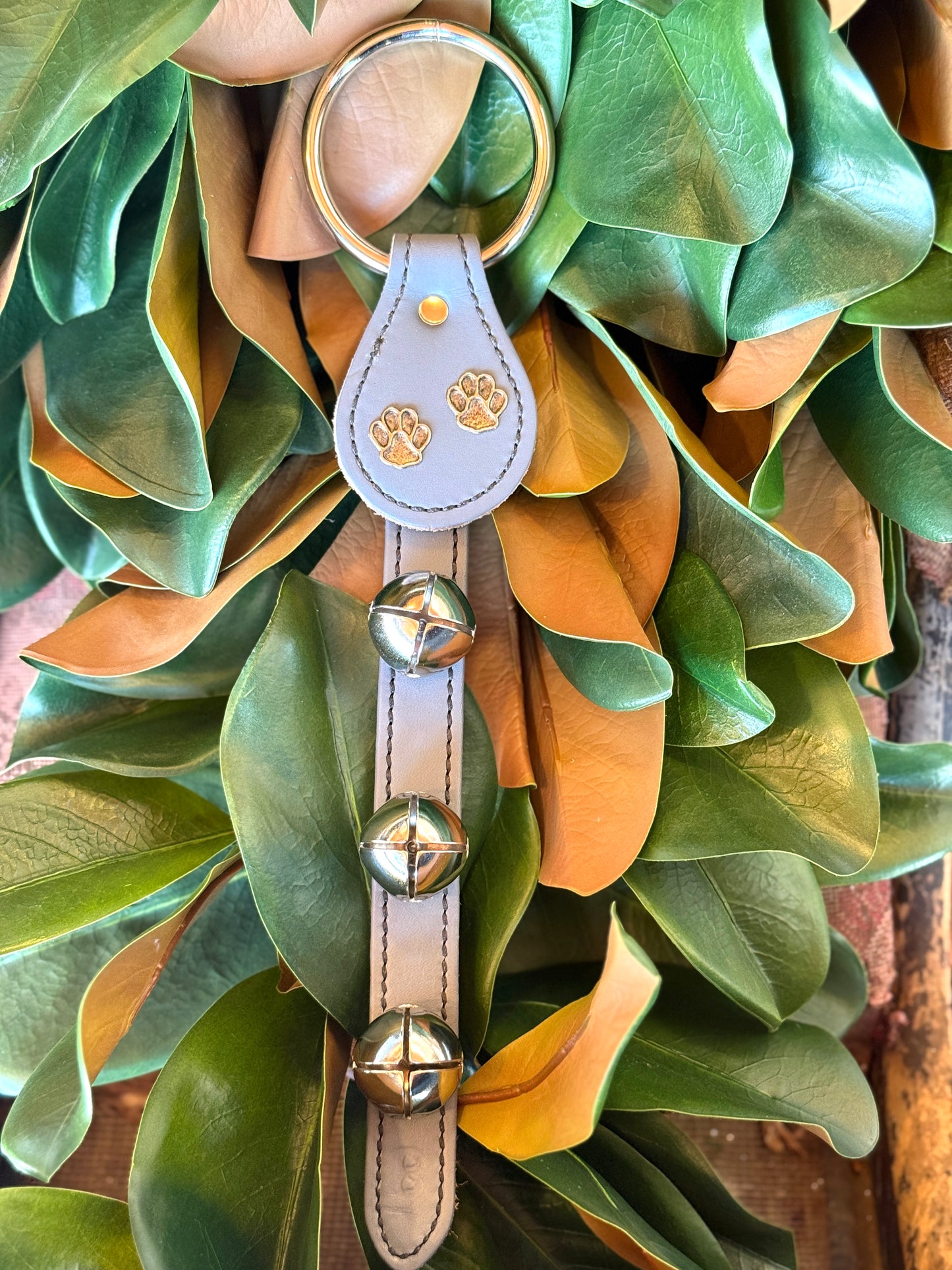 Belsnickel - 15” Paw Prints on Grey Leather Strap w/ 3 Nickel-Plated Bells