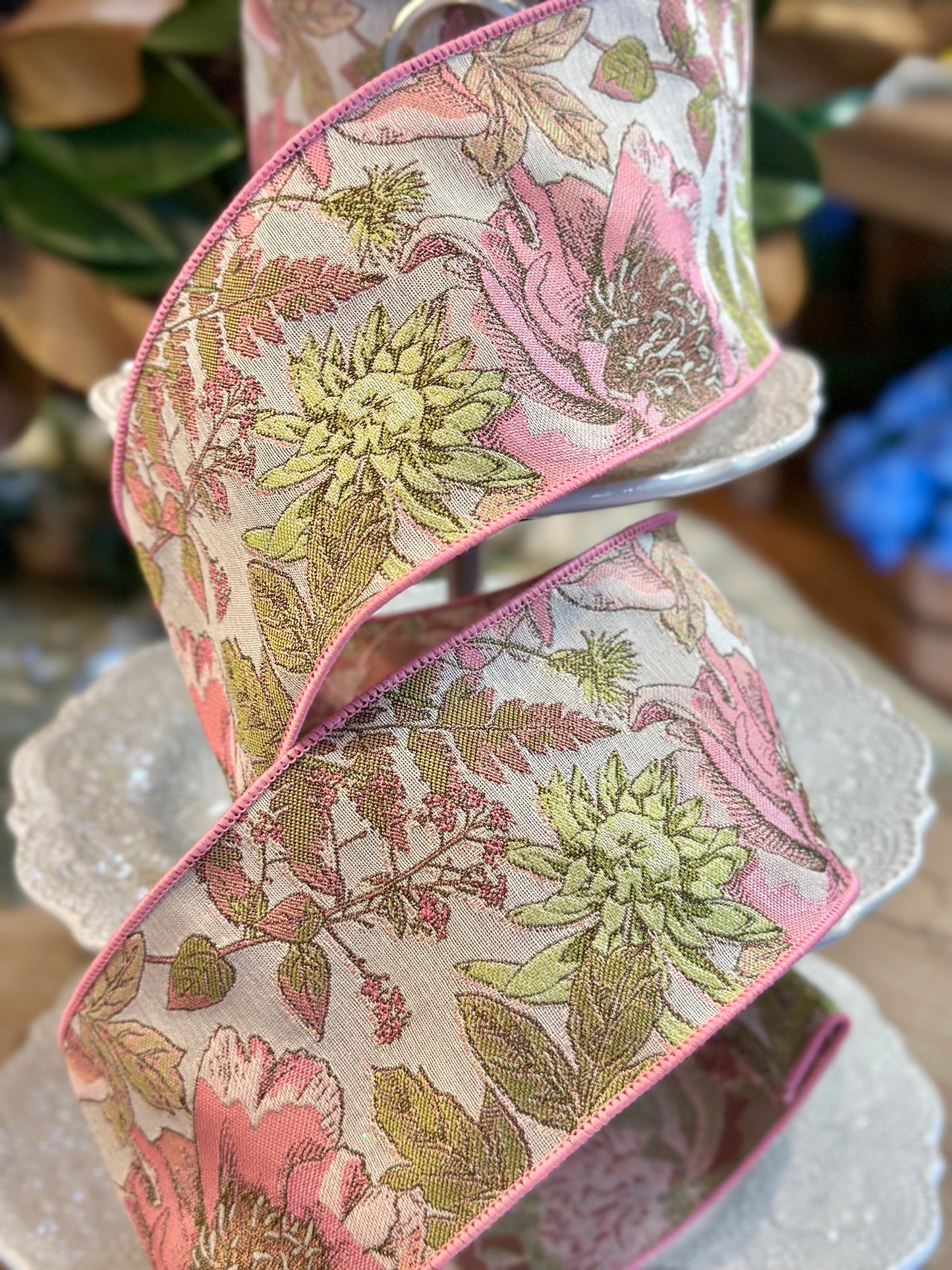 4" Wide, tapestry hydrangea roses, Green Edge to Match green hydrangea, green-pink