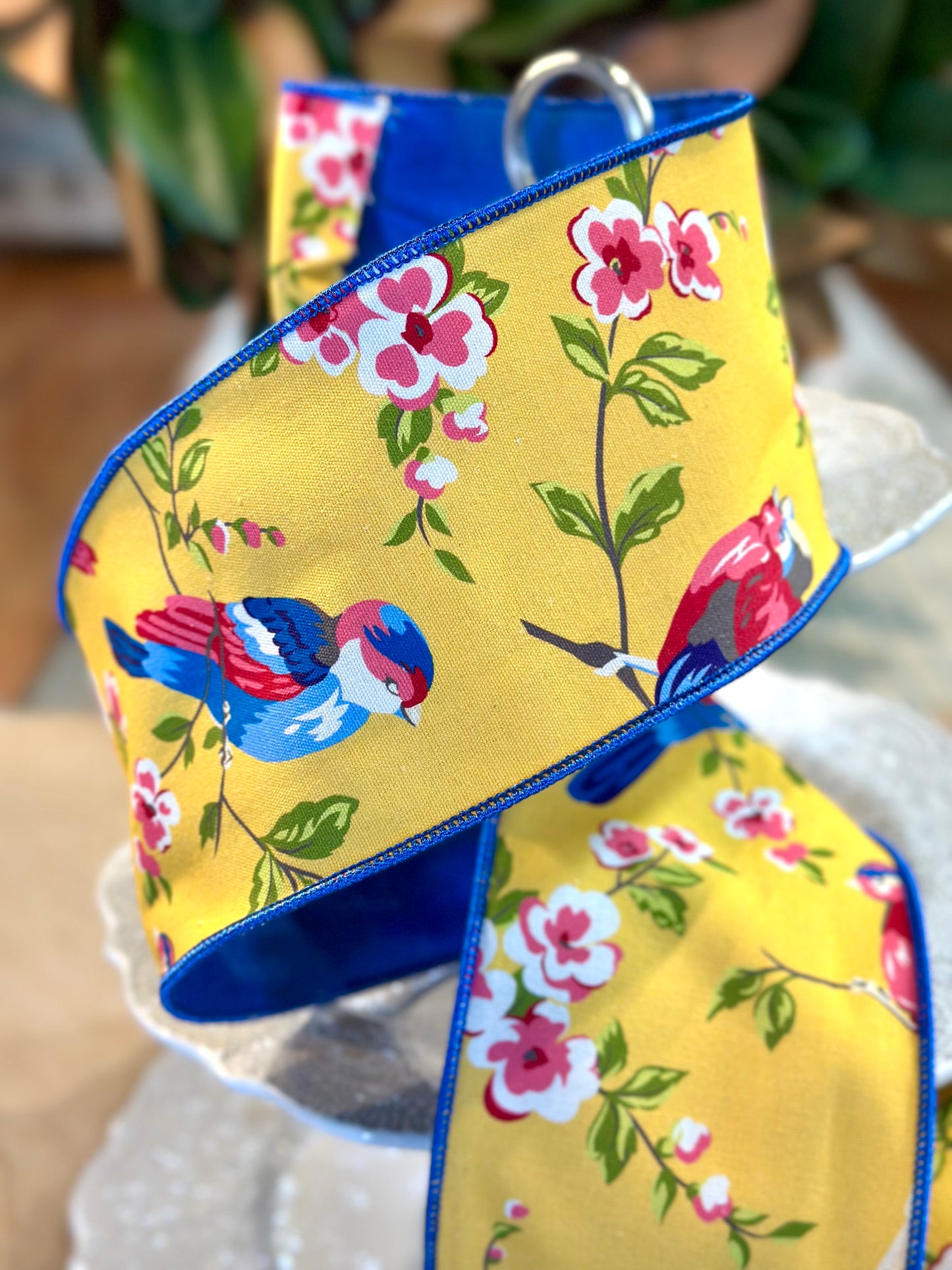 4" Wide, canvas blue birds cherry blossom, golden yellow pink blue