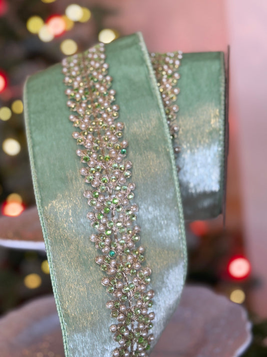 4" wide, ice velvet pearl jewel center branch, mint - 5 Yard Roll