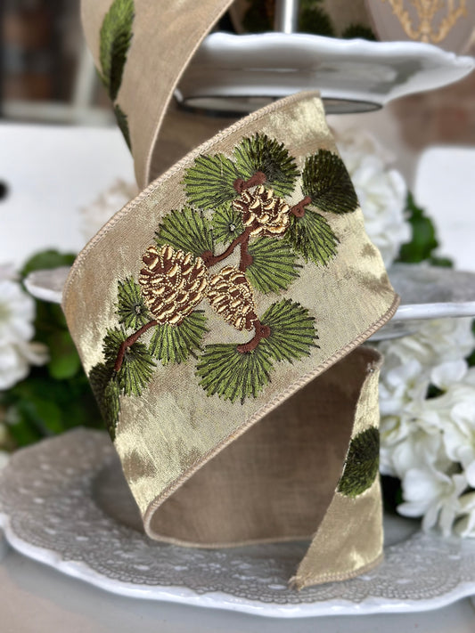 4" wide, metallic sheer embroidery pine branch and cones, gold