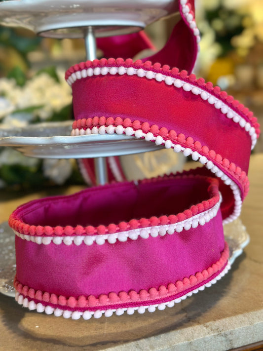 3" Wide, Dupion light pink dark pink pom pom trim, hot pink