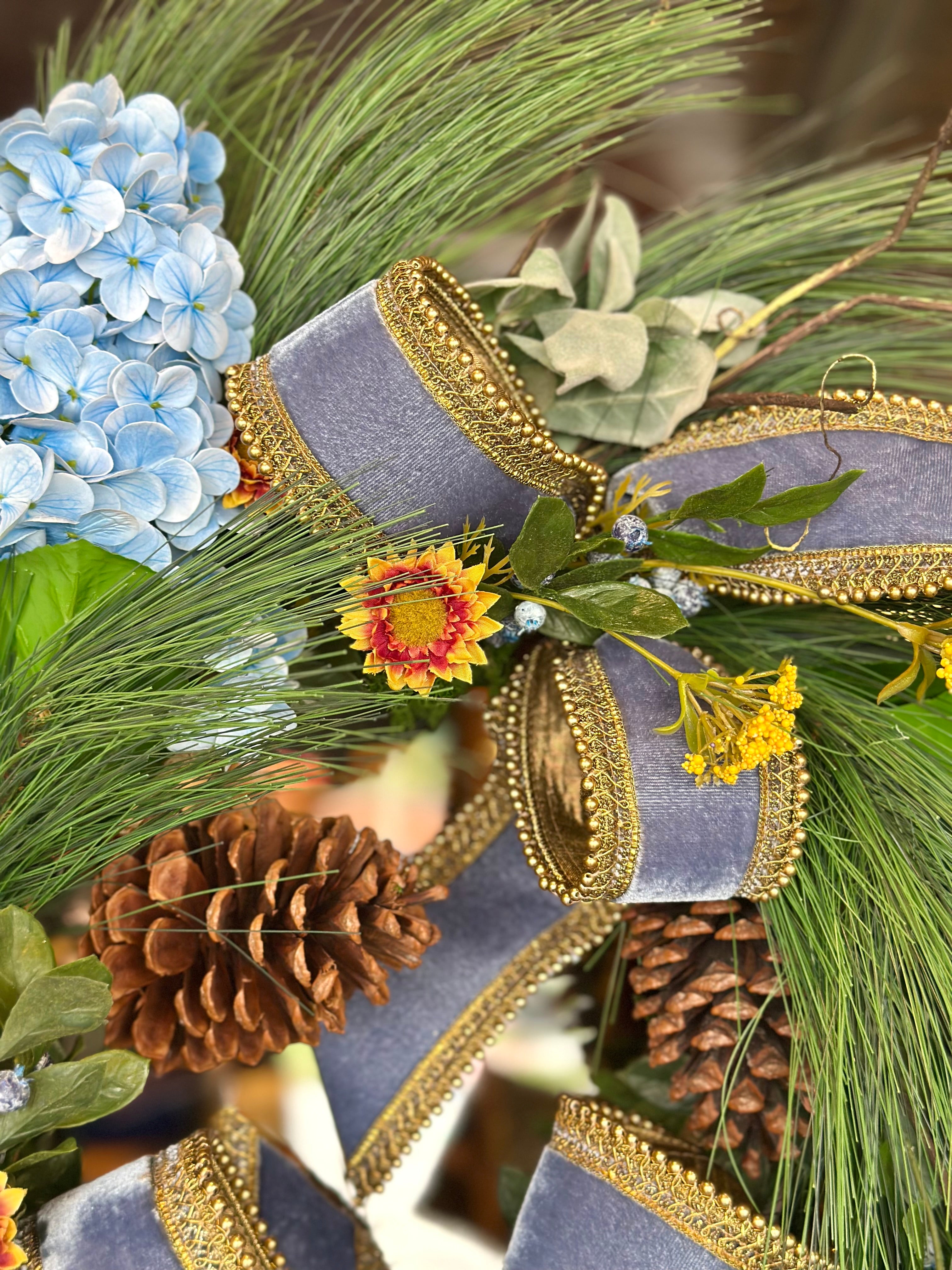 Blue Contessa and Pinecone Wreath