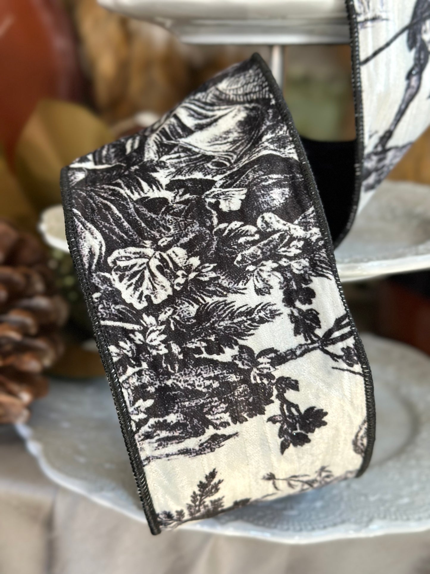 4" VELVET TOILE RIBBON- BLACK WHITE