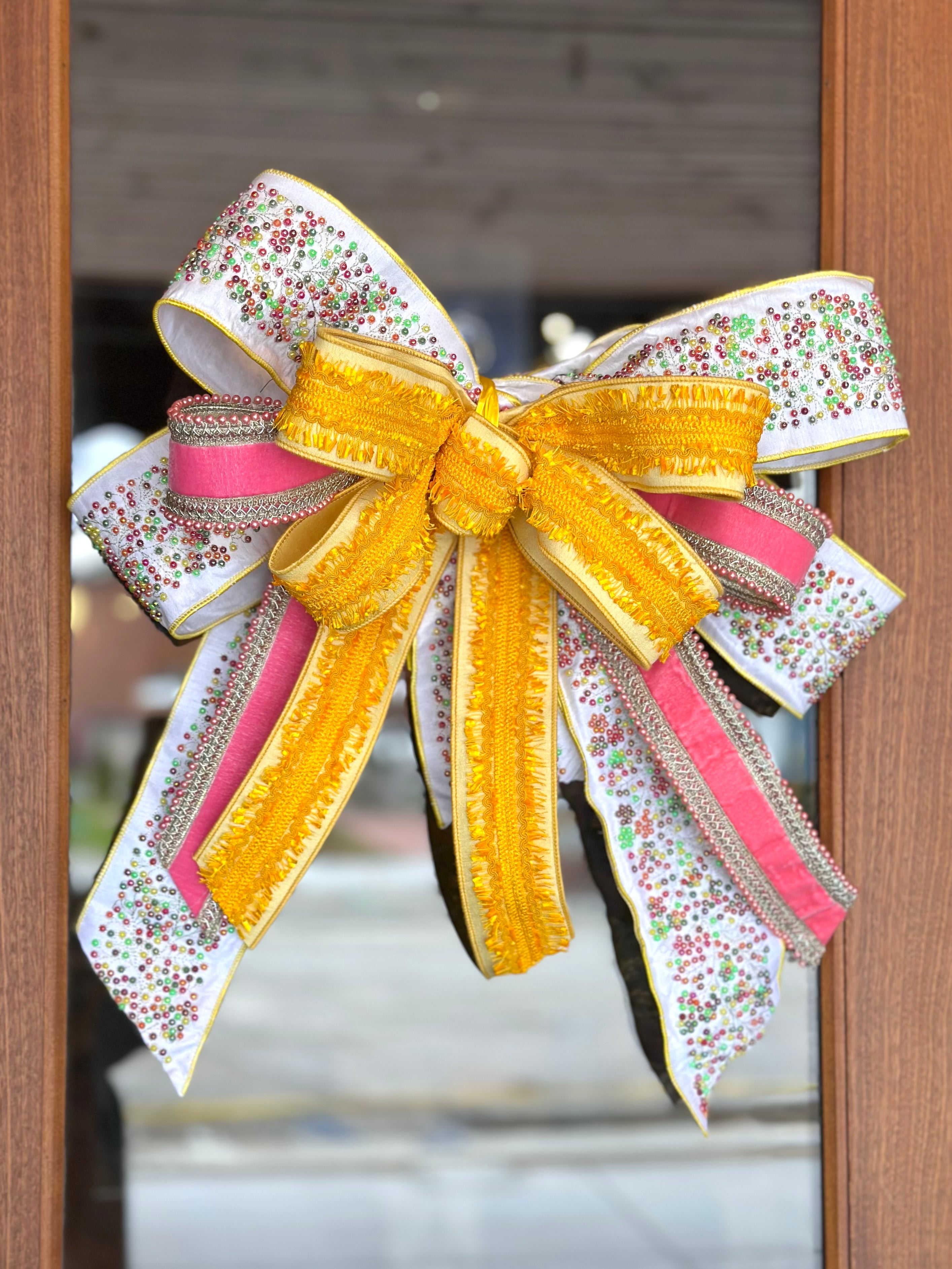 Yellow & Pink Beaded Oversized Bow