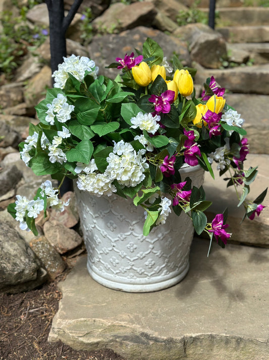 Yellow Tulip, Bougainvillea, Hydrangea Planter