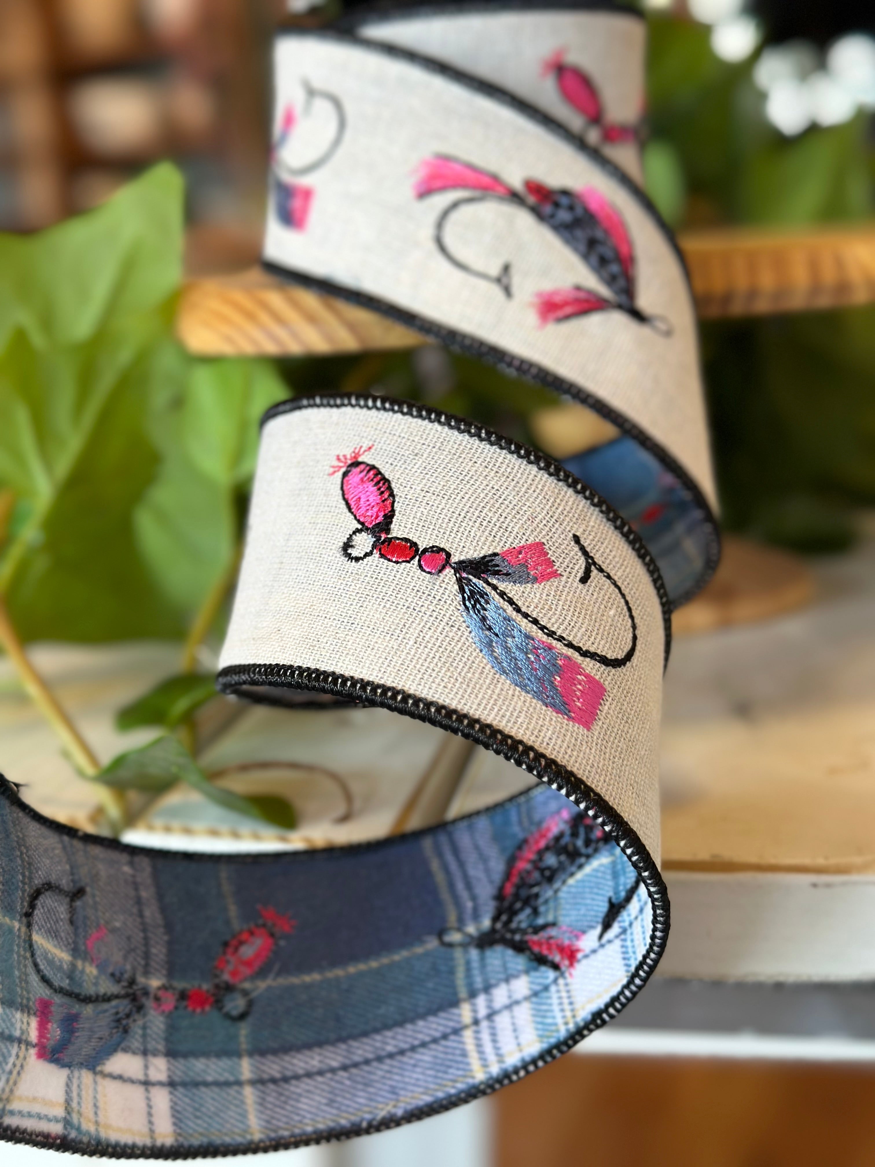 2.5" Linen Embroidery Fishing Flies, Plaid Back, Natural