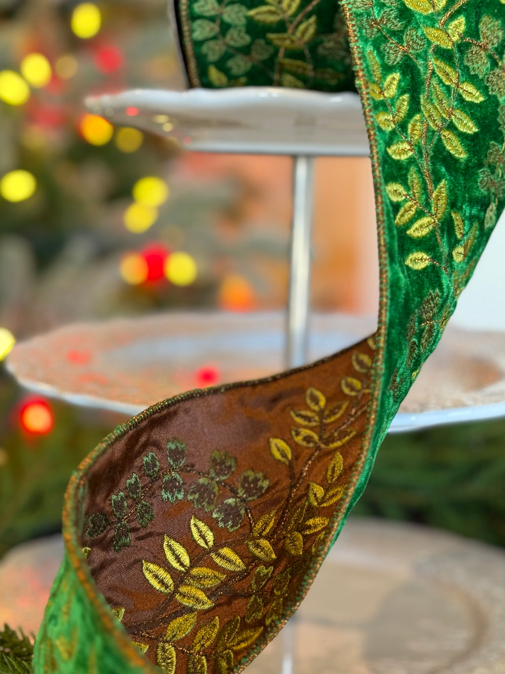 4" Faux Dupion Embroidery Butterfly Vine, Green