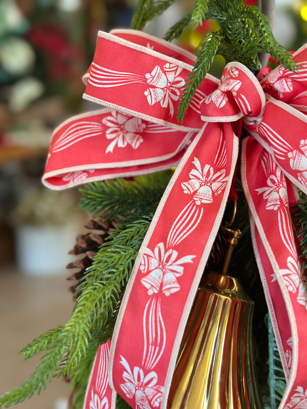 Vintage Red Bell and Bows Ribbon Swag