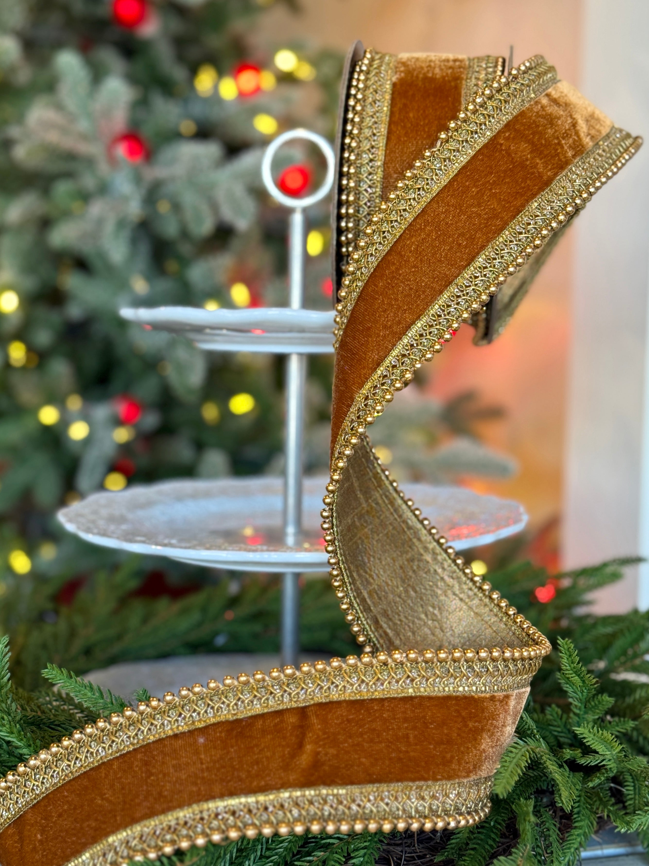 2.5" Velvet Antique Gold Bead Trim, Walnut